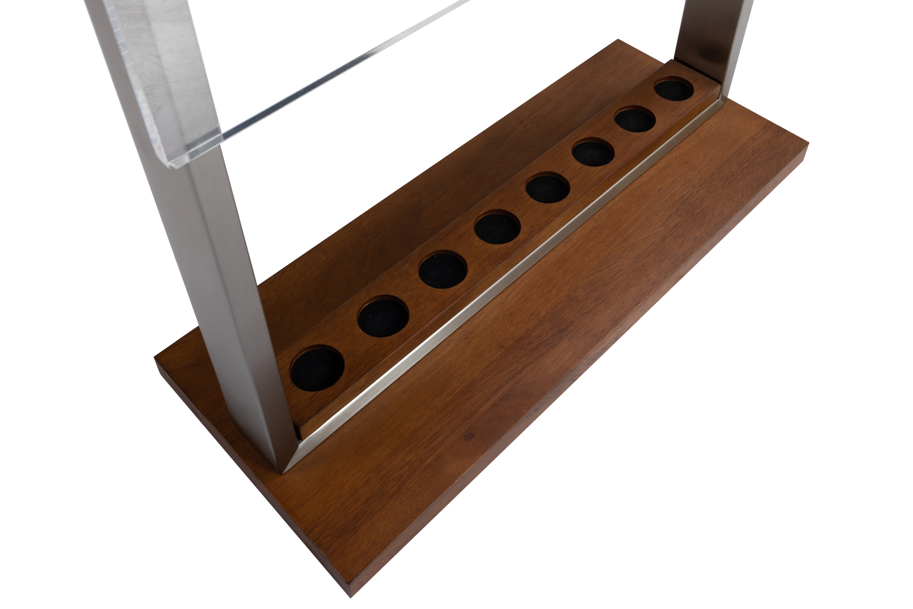 Legacy Billiards Aria Floor Cue Rack Empty in Walnut Finish Bottom Closeup