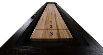 Legacy Billiards 12 Ft Barren Shuffleboard in Whiskey Barren Finish - End View Closeup