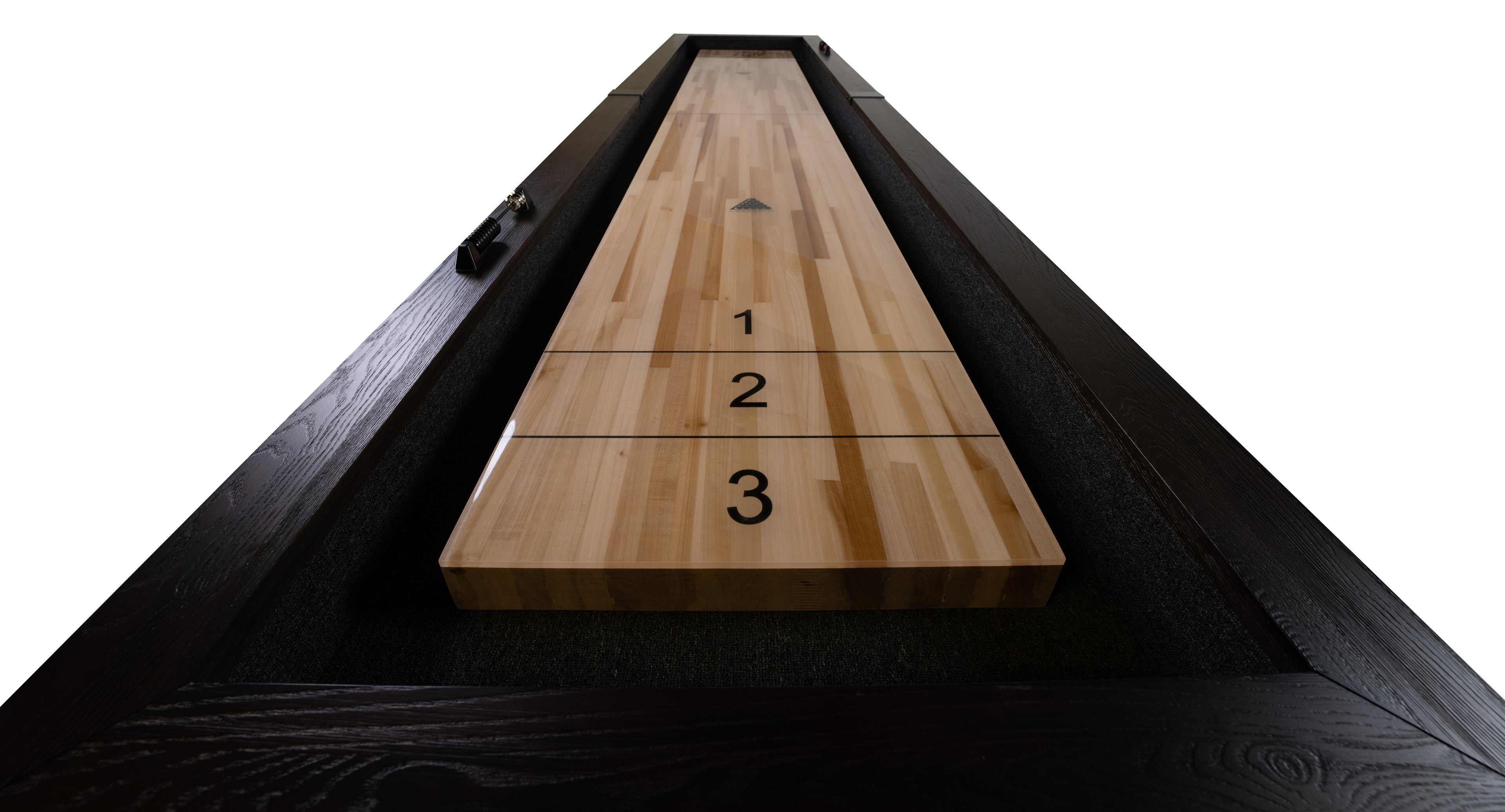 Legacy Billiards 14 Ft Barren Shuffleboard in Whiskey Barren Finish - End View Closeup