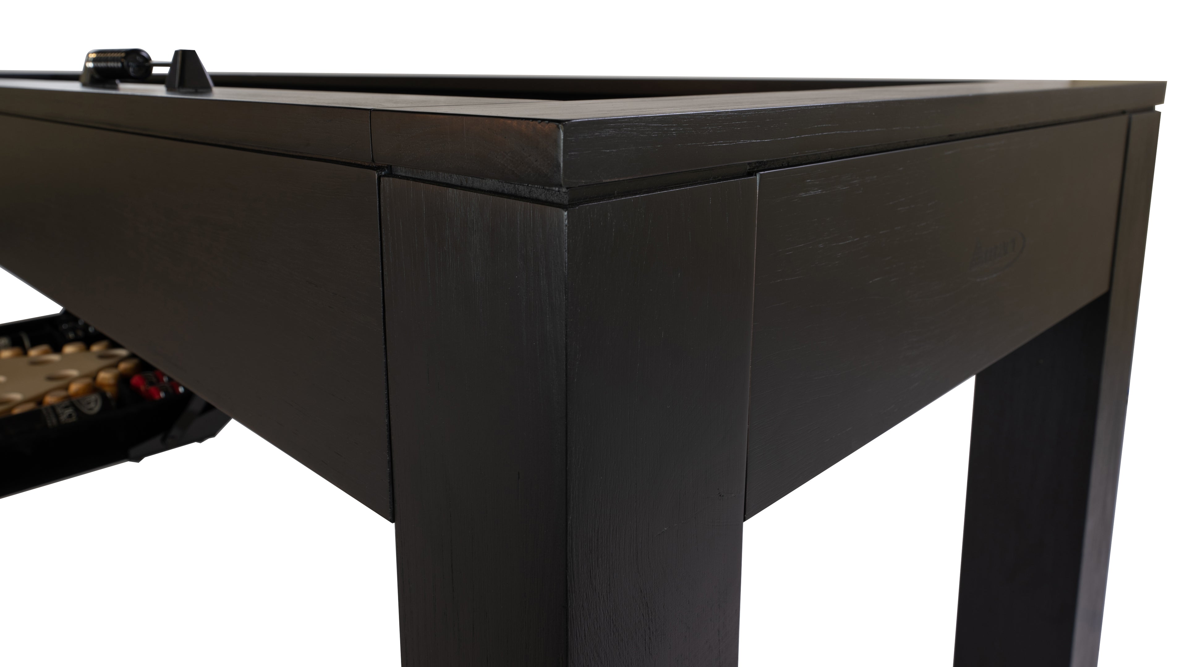 Legacy Billiards Baylor 9 Ft Shuffleboard in Raven Finish Corner Leg Closeup