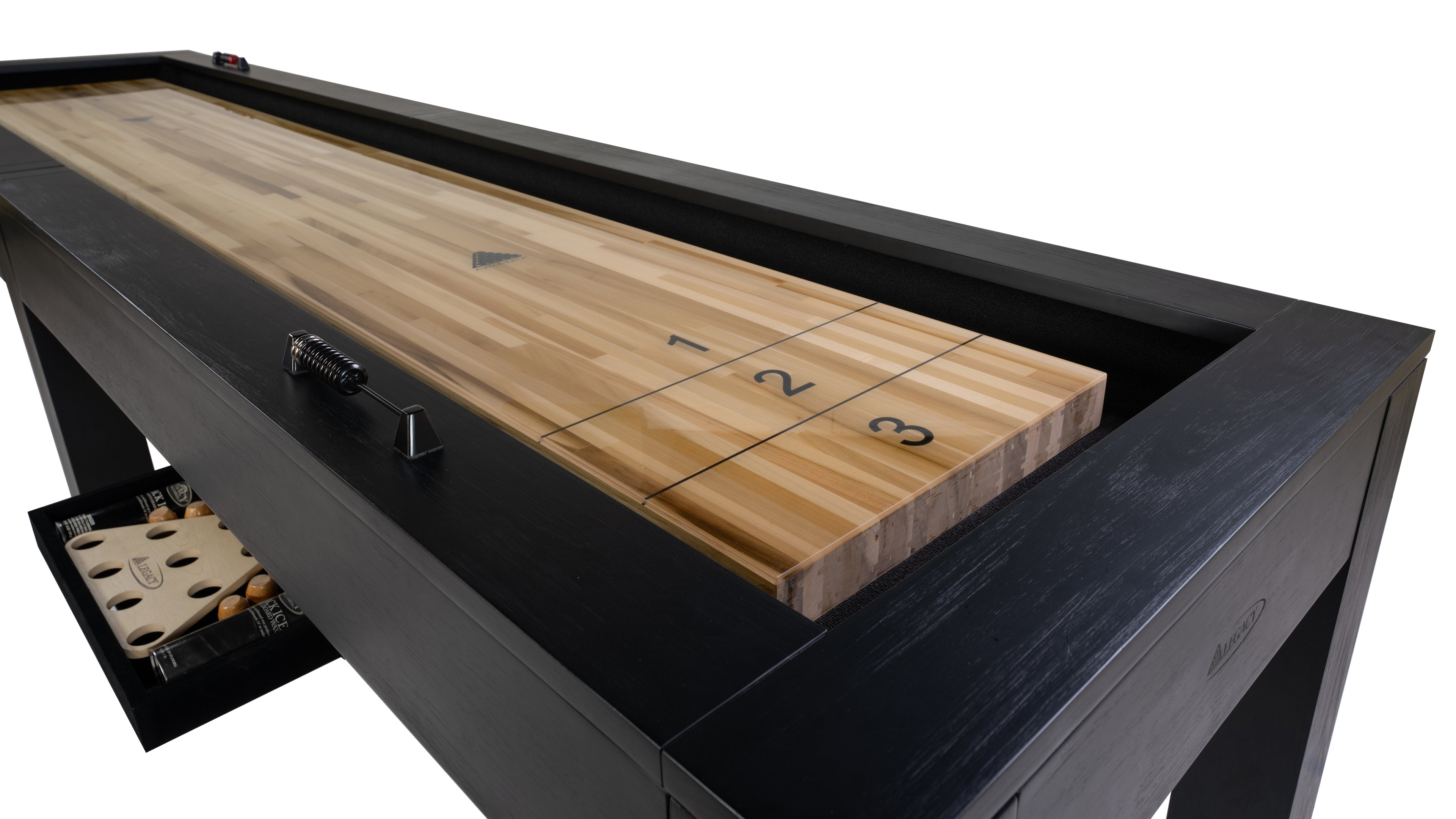 Legacy Billiards Baylor 9 Ft Shuffleboard in Raven Finish Playfield Closeup