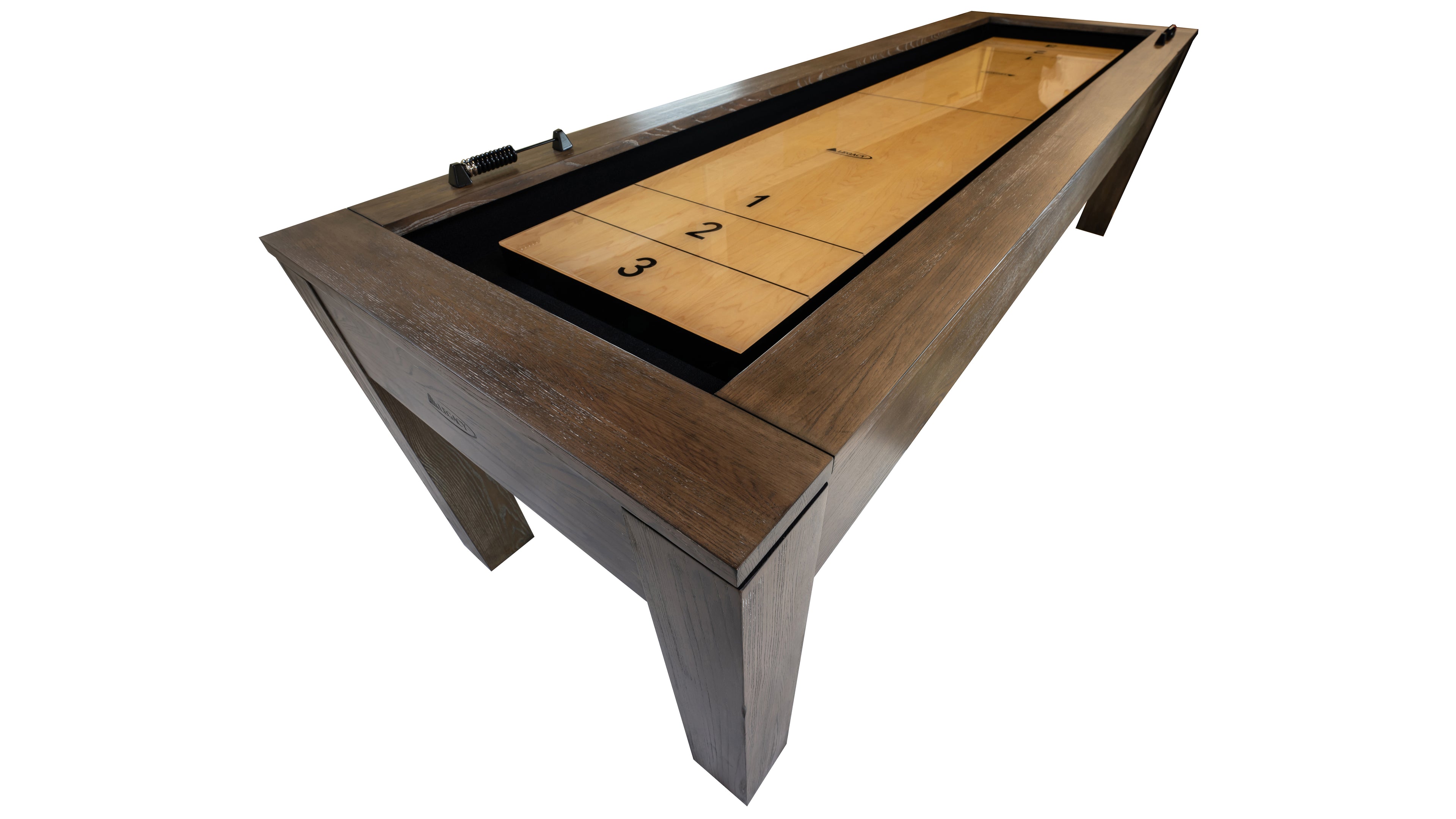 Legacy Billiards Baylor 9 Ft Shuffleboard in Smoke Finish - Corner Wide View