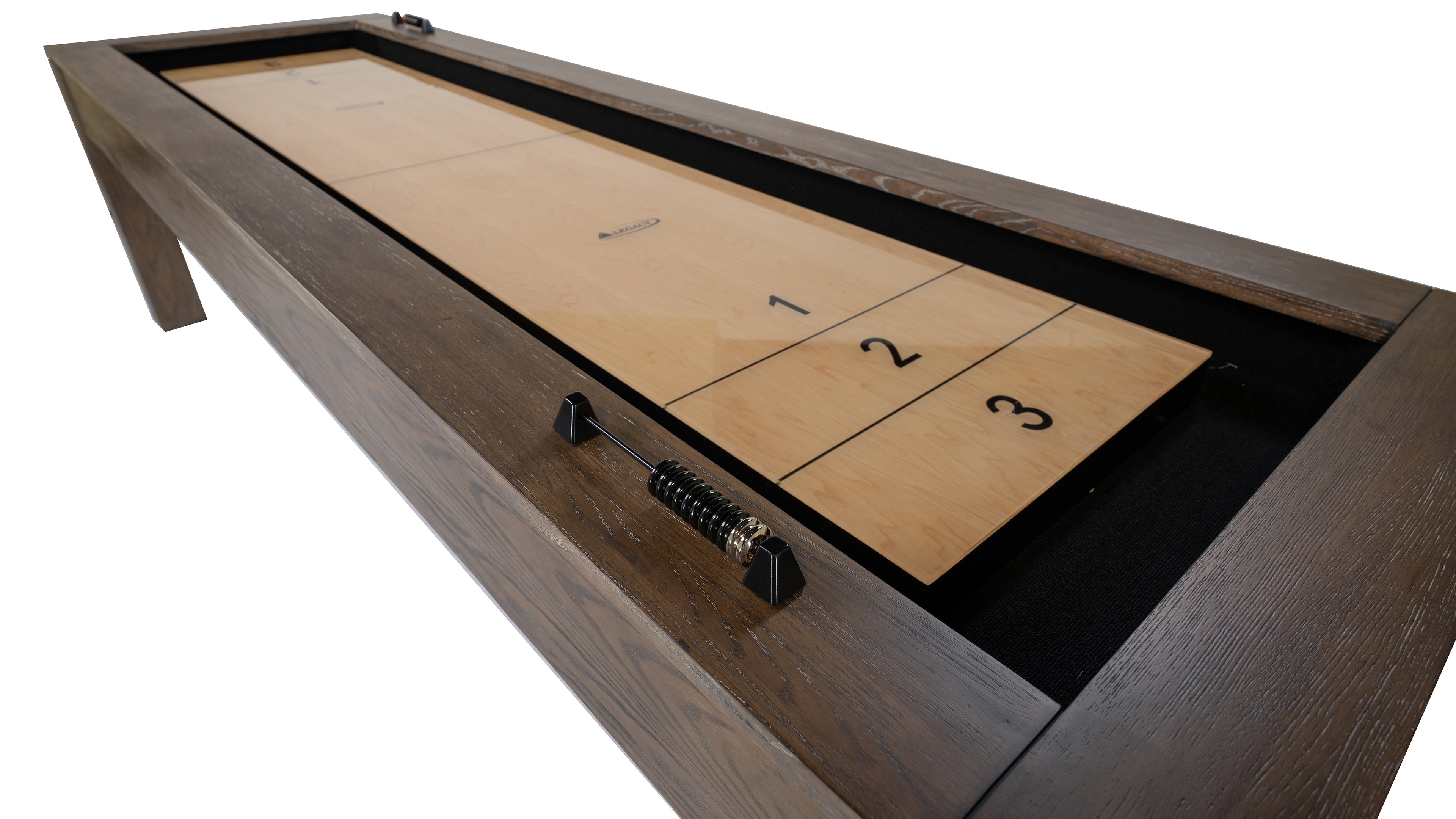 Legacy Billiards Baylor 9 Ft Shuffleboard in Smoke Finish - Corner View