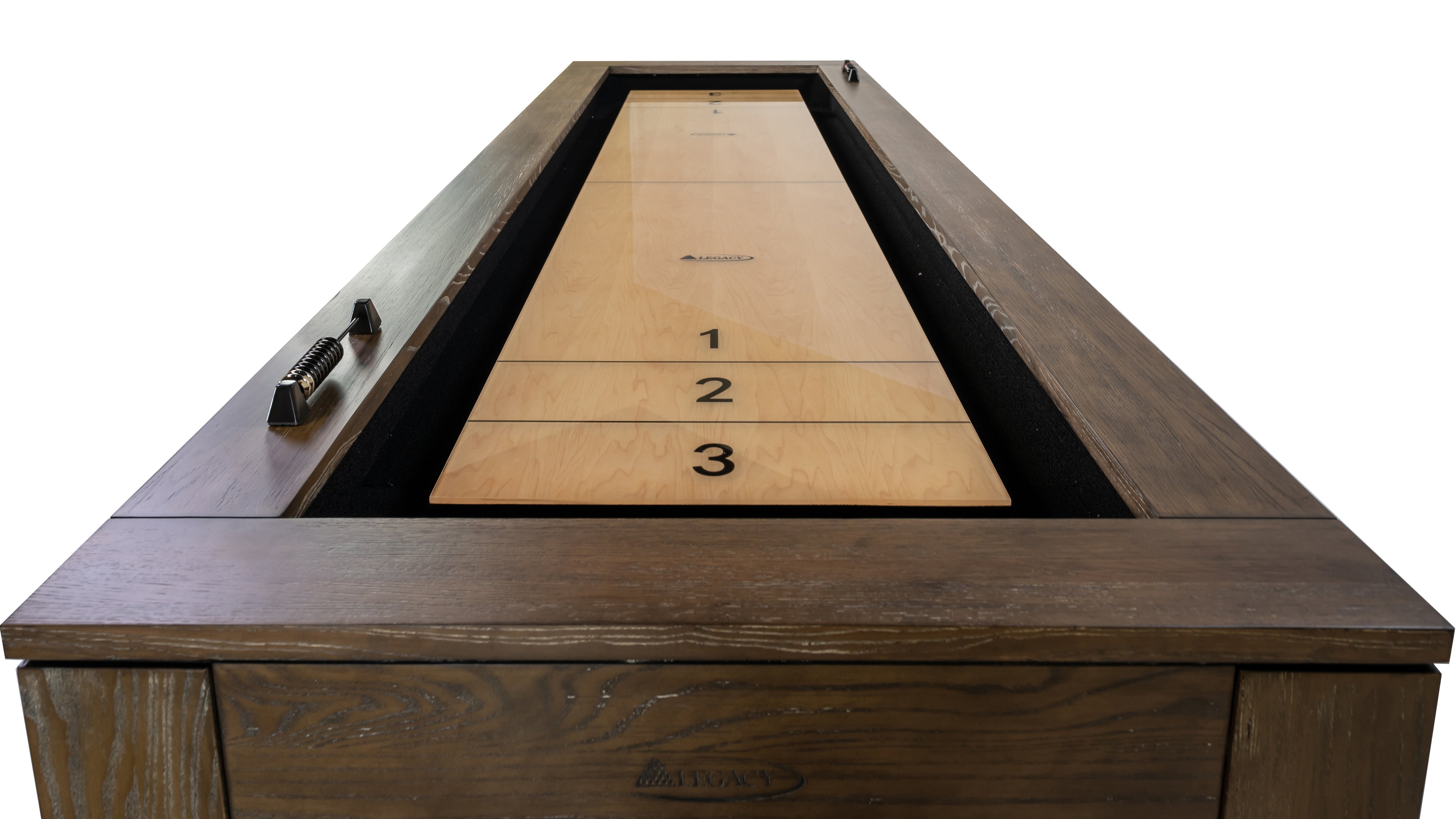 Legacy Billiards Baylor 9 Ft Shuffleboard in Smoke Finish - End View Closeup