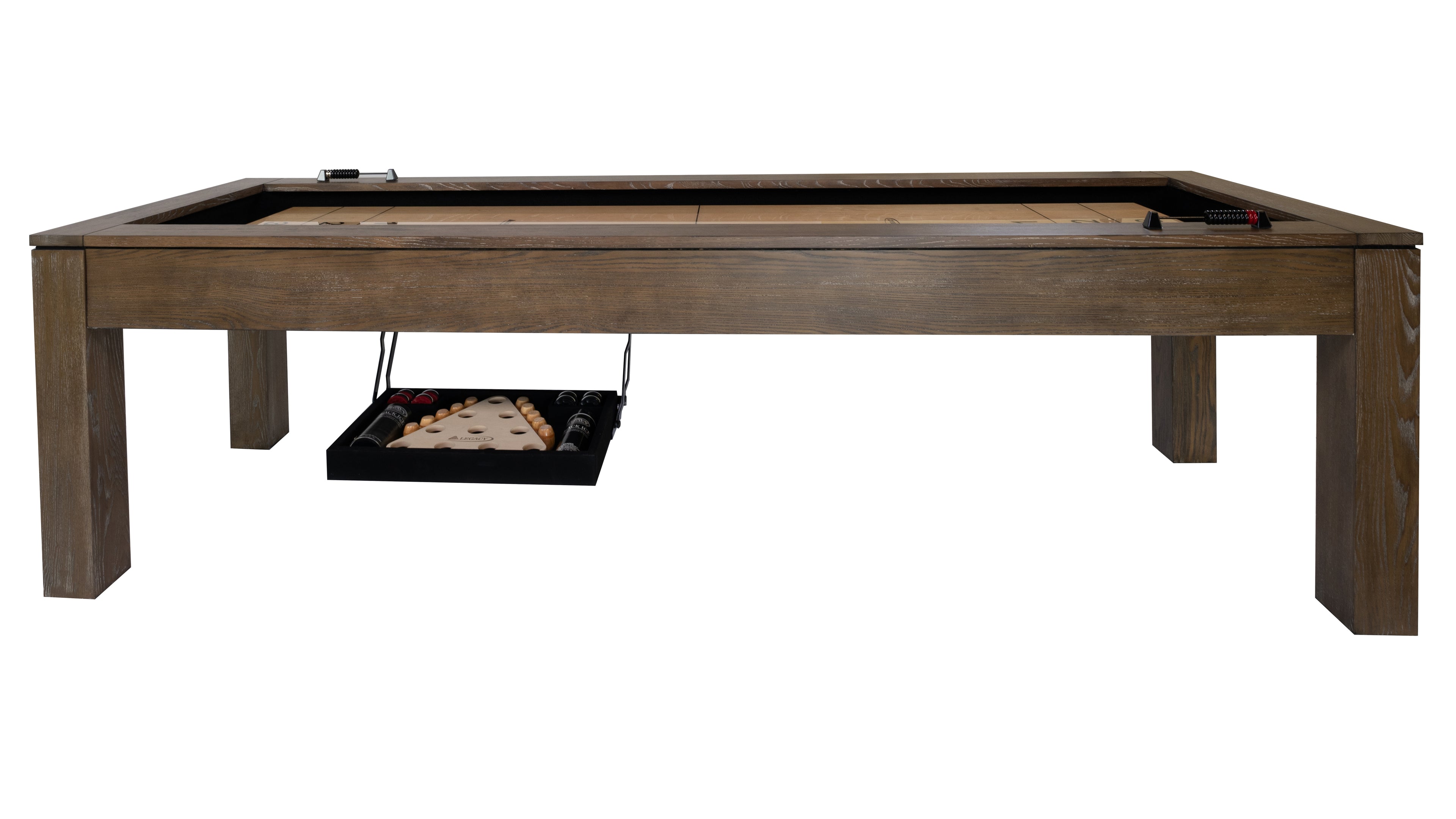 Legacy Billiards Baylor 9 Ft Shuffleboard in Smoke Finish - Side View with Open Perfect Drawer