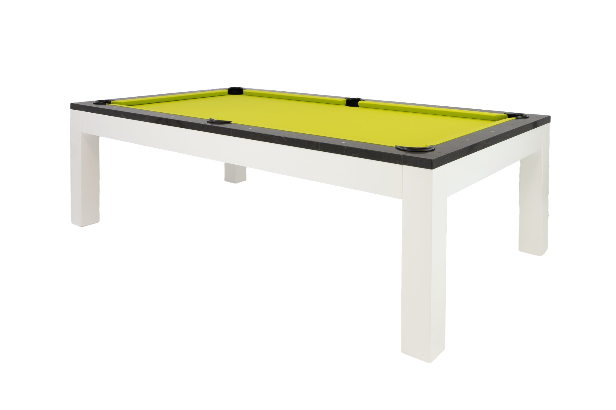 Legacy Billiards Baylor II Pool Table with Night Stone Rails and Frost White Finish Cabinet and Legs with Lime Green Cloth