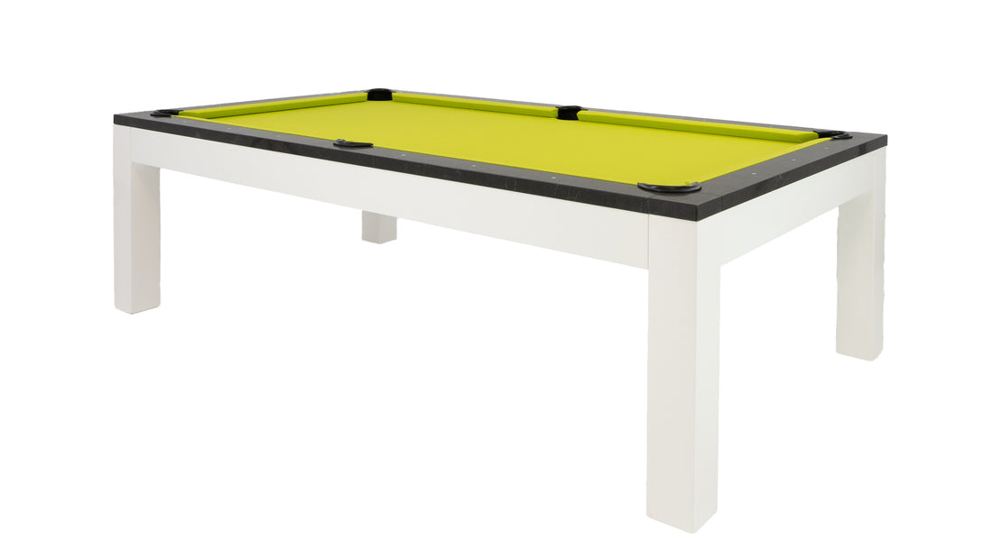 Legacy Billiards Baylor II Pool Table with Night Stone Rails and Frost White Finish Cabinet and Legs with Lime Green Cloth