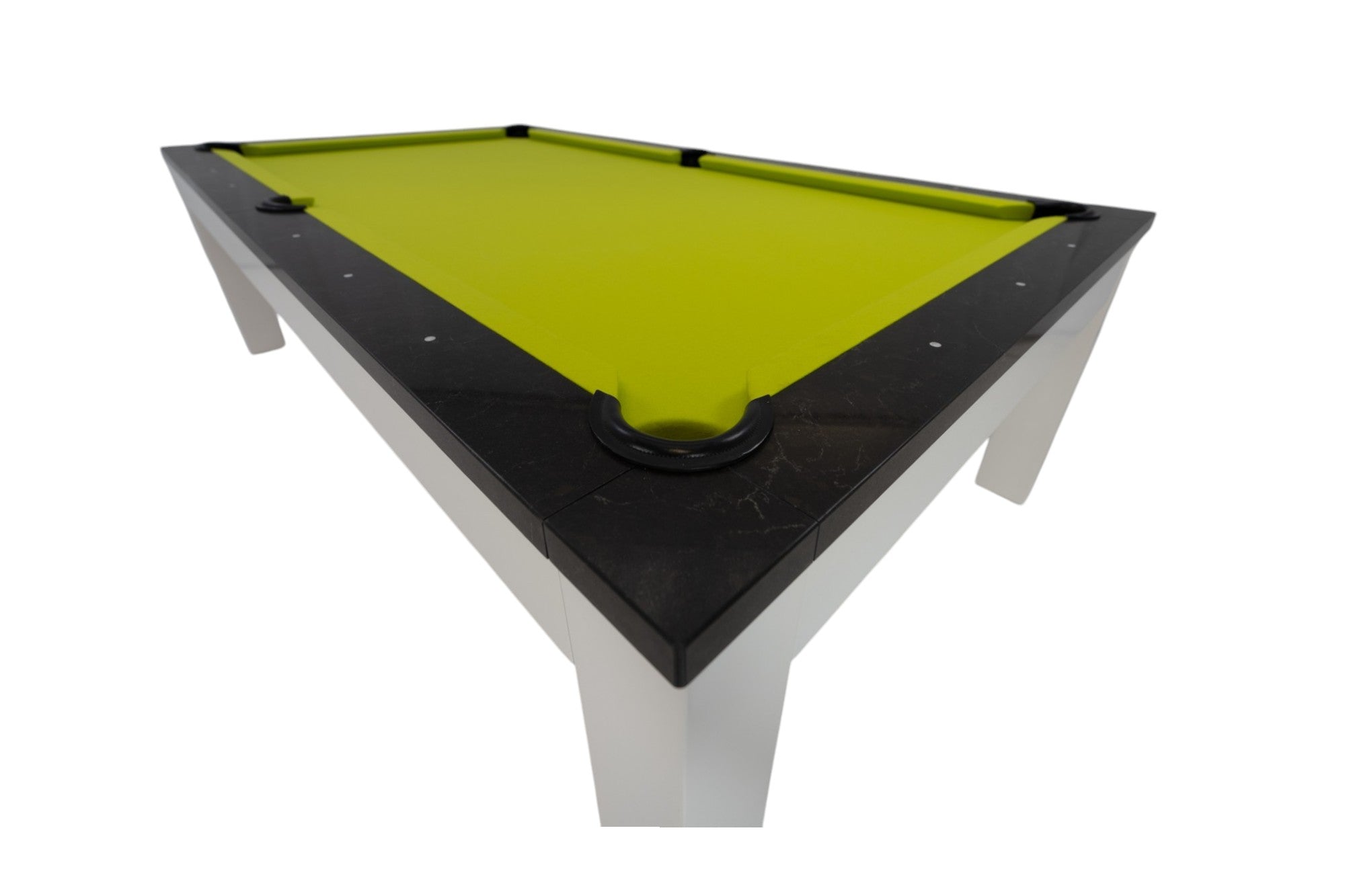 Legacy Billiards Baylor II Pool Table with Night Stone Rails and Frost White Finish Cabinet and Legs with Lime Green Cloth - Angle View