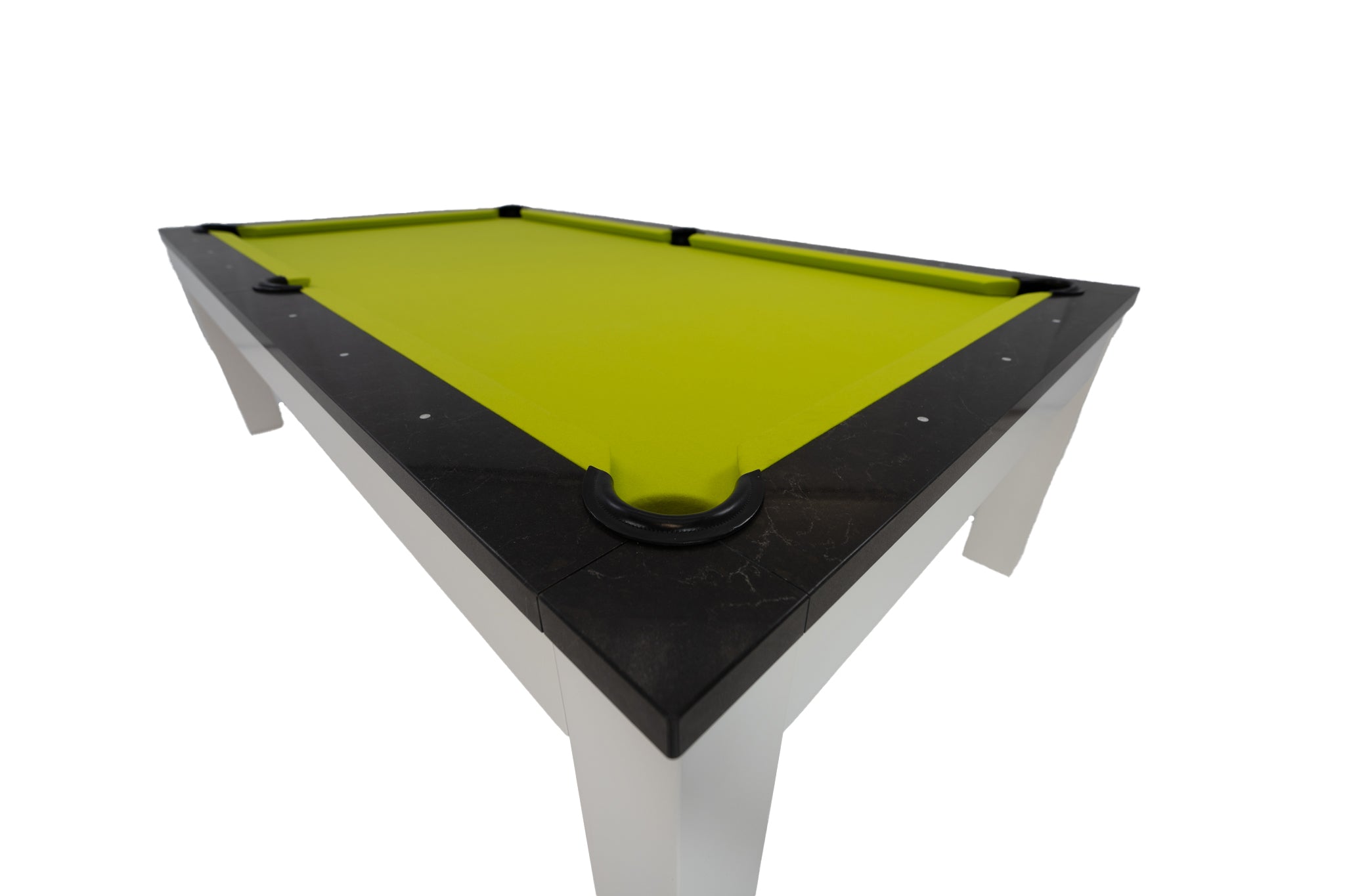 Legacy Billiards Baylor II Pool Table with Night Stone Rails and Frost White Finish Cabinet and Legs with Lime Green Cloth - Angle View