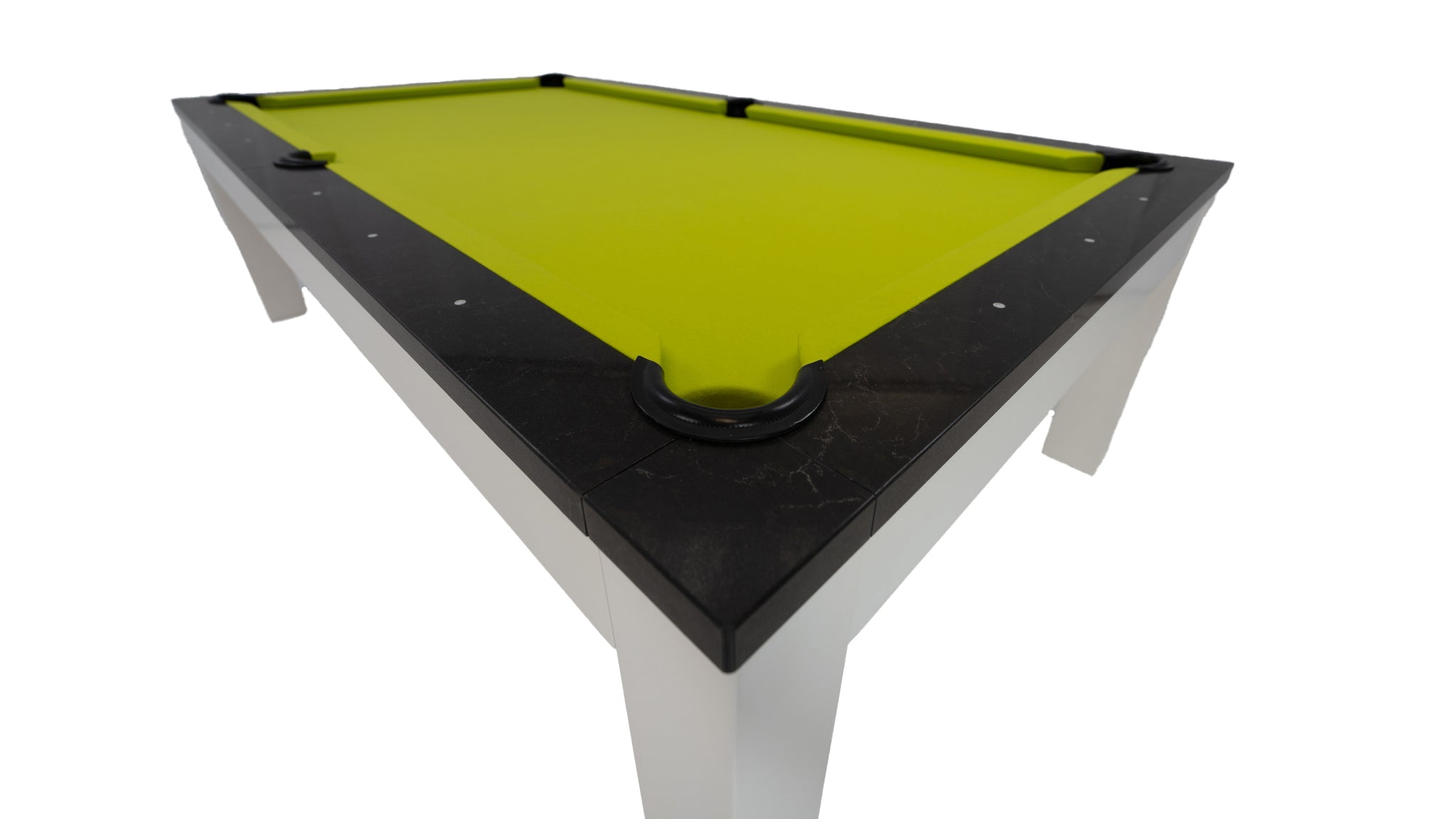 Legacy Billiards Baylor II Pool Table with Night Stone Rails and Frost White Finish Cabinet and Legs with Lime Green Cloth - Angle View