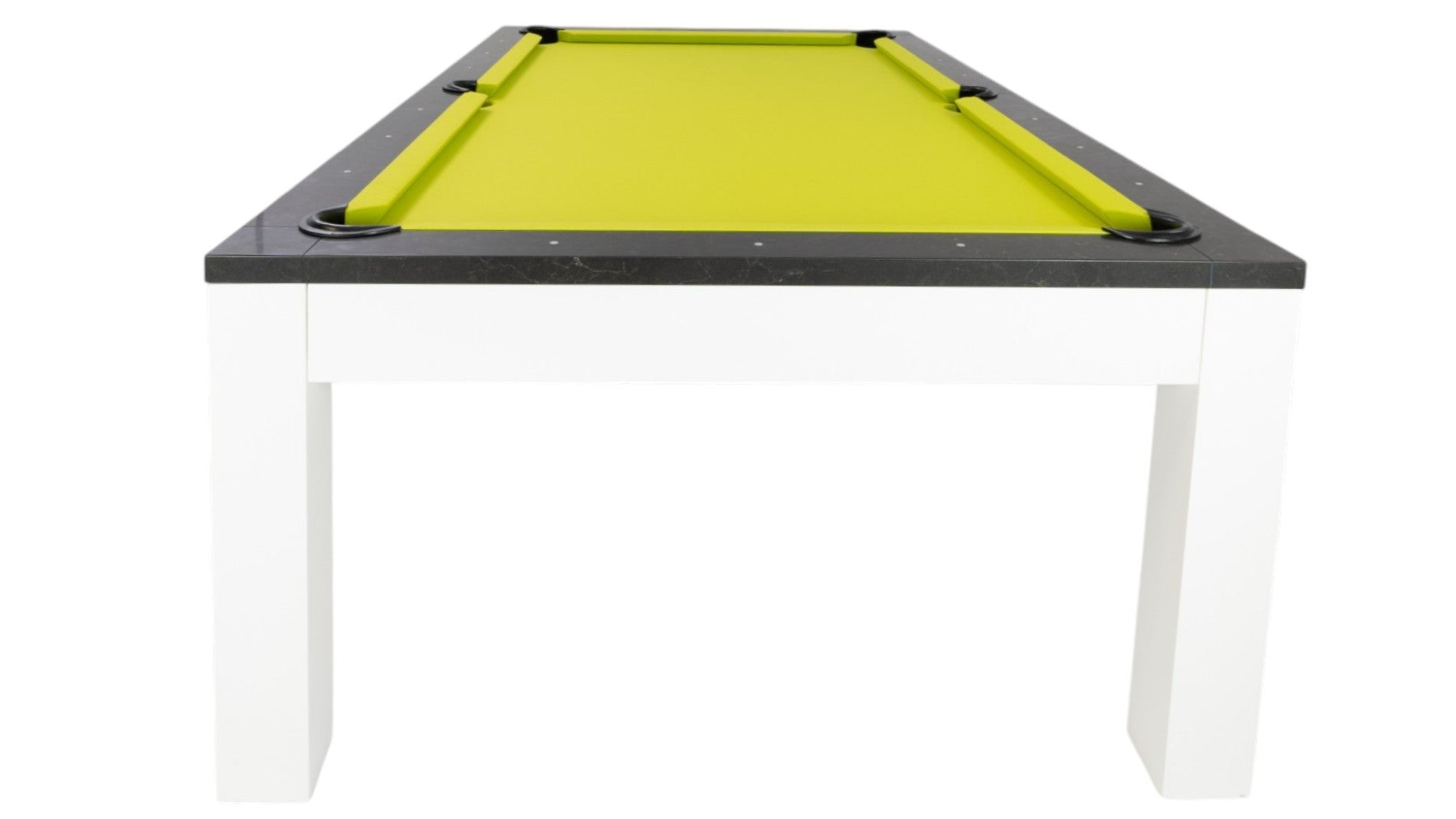 Legacy Billiards Baylor II Pool Table with Night Stone Rails and Frost White Finish Cabinet and Legs with Lime Green Cloth - End View