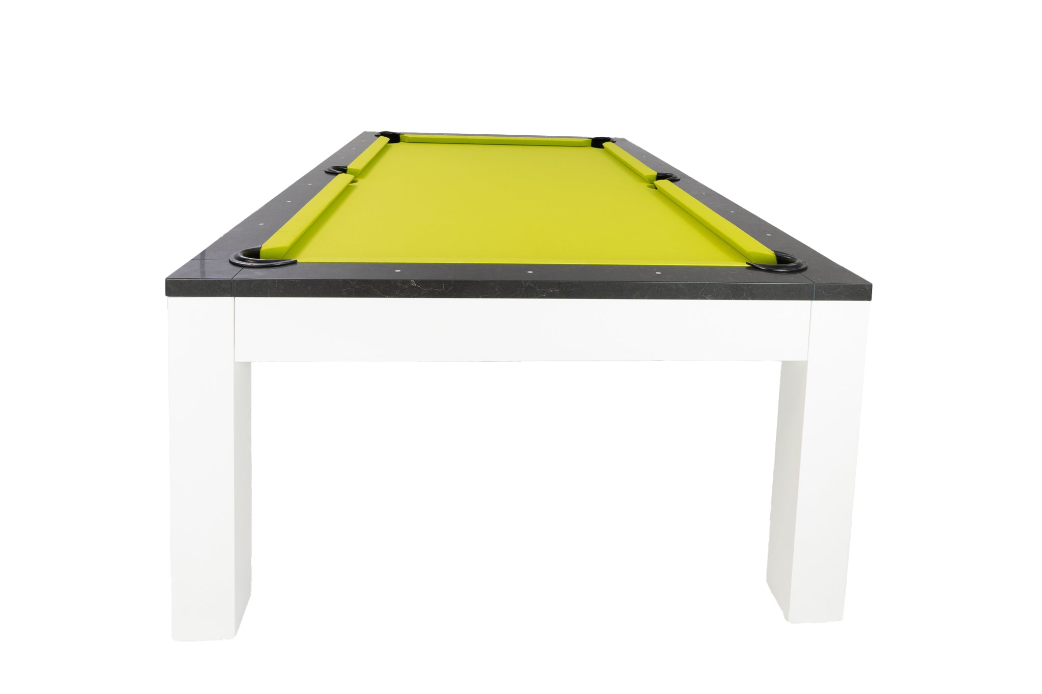 Legacy Billiards Baylor II Pool Table with Night Stone Rails and Frost White Finish Cabinet and Legs with Lime Green Cloth - End View