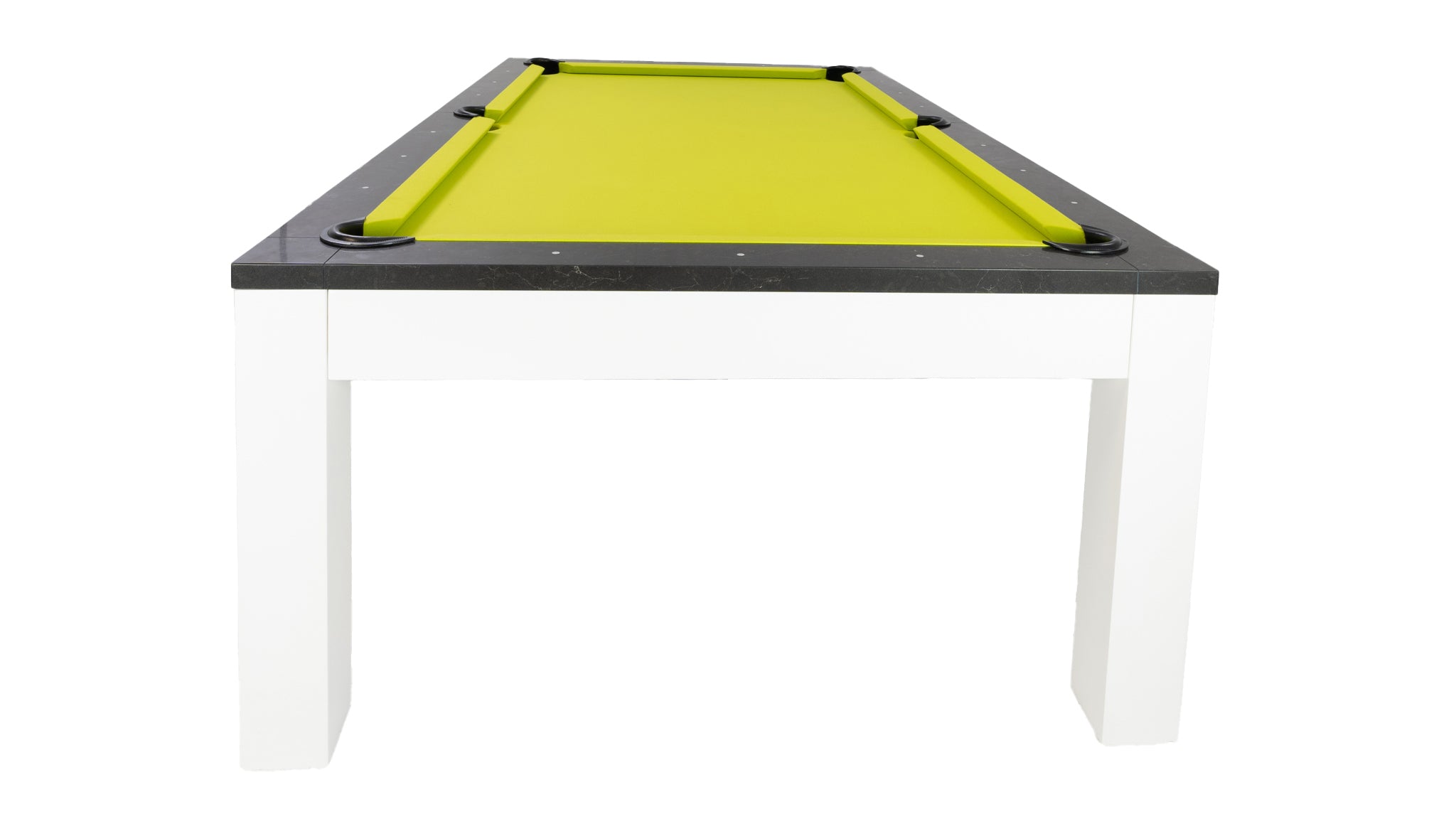 Legacy Billiards Baylor II Pool Table with Night Stone Rails and Frost White Finish Cabinet and Legs with Lime Green Cloth - End View