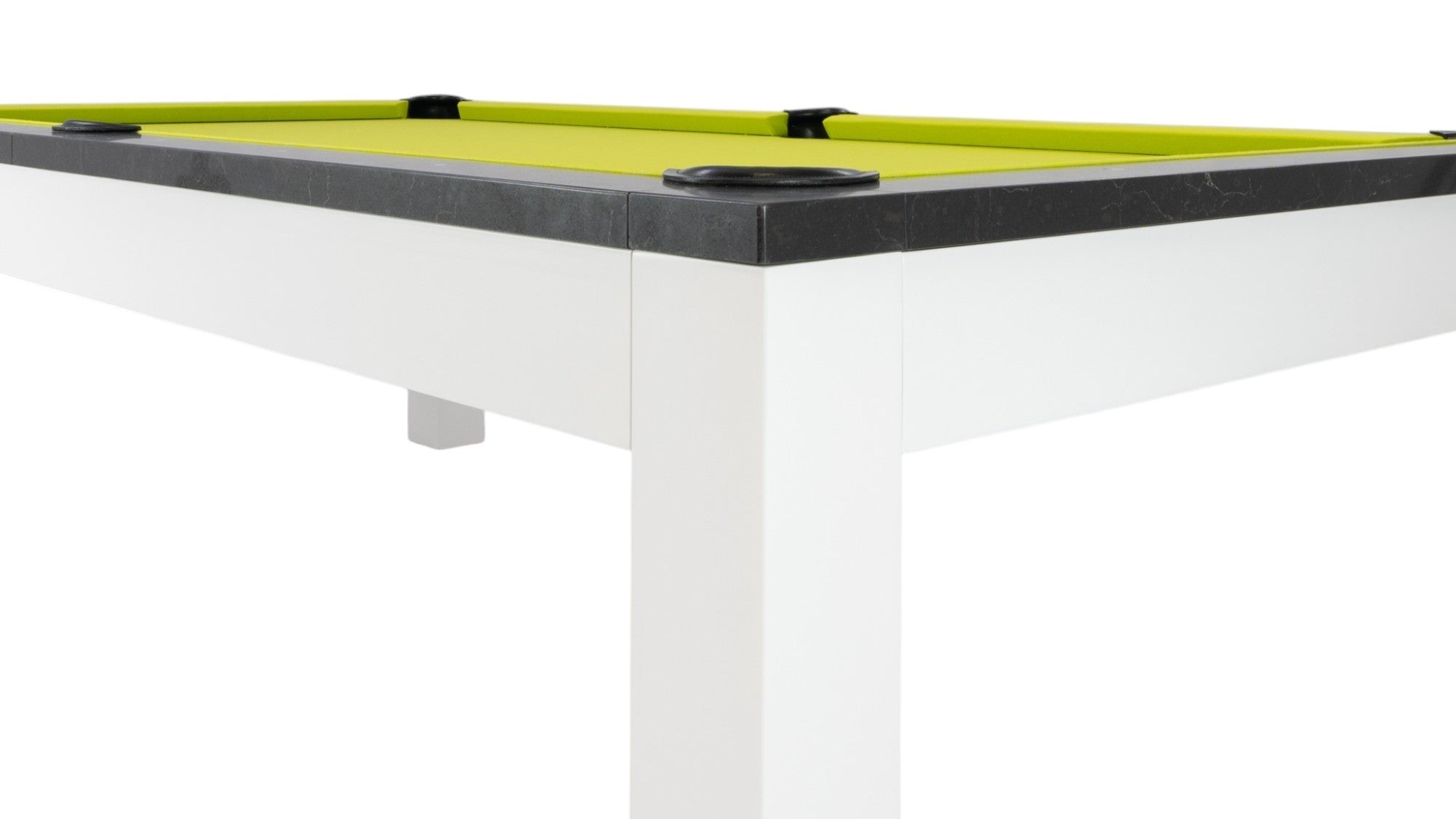 Legacy Billiards Baylor II Pool Table with Night Stone Rails and Frost White Finish Cabinet and Legs with Lime Green Cloth - Floor Angle View