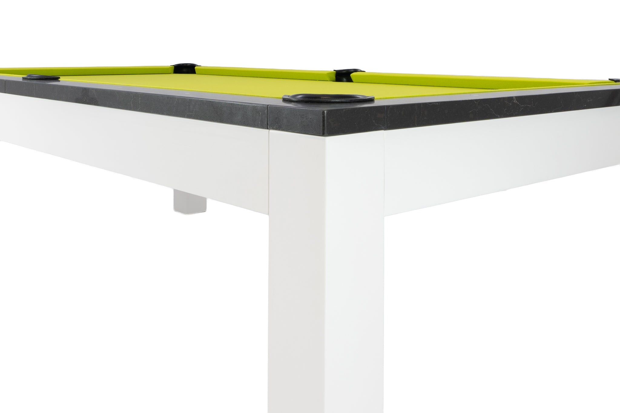 Legacy Billiards Baylor II Pool Table with Night Stone Rails and Frost White Finish Cabinet and Legs with Lime Green Cloth - Floor Angle View