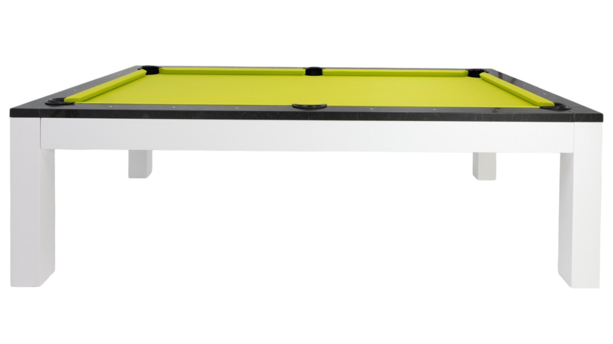Legacy Billiards Baylor II Pool Table with Night Stone Rails and Frost White Finish Cabinet and Legs with Lime Green Cloth - Side View