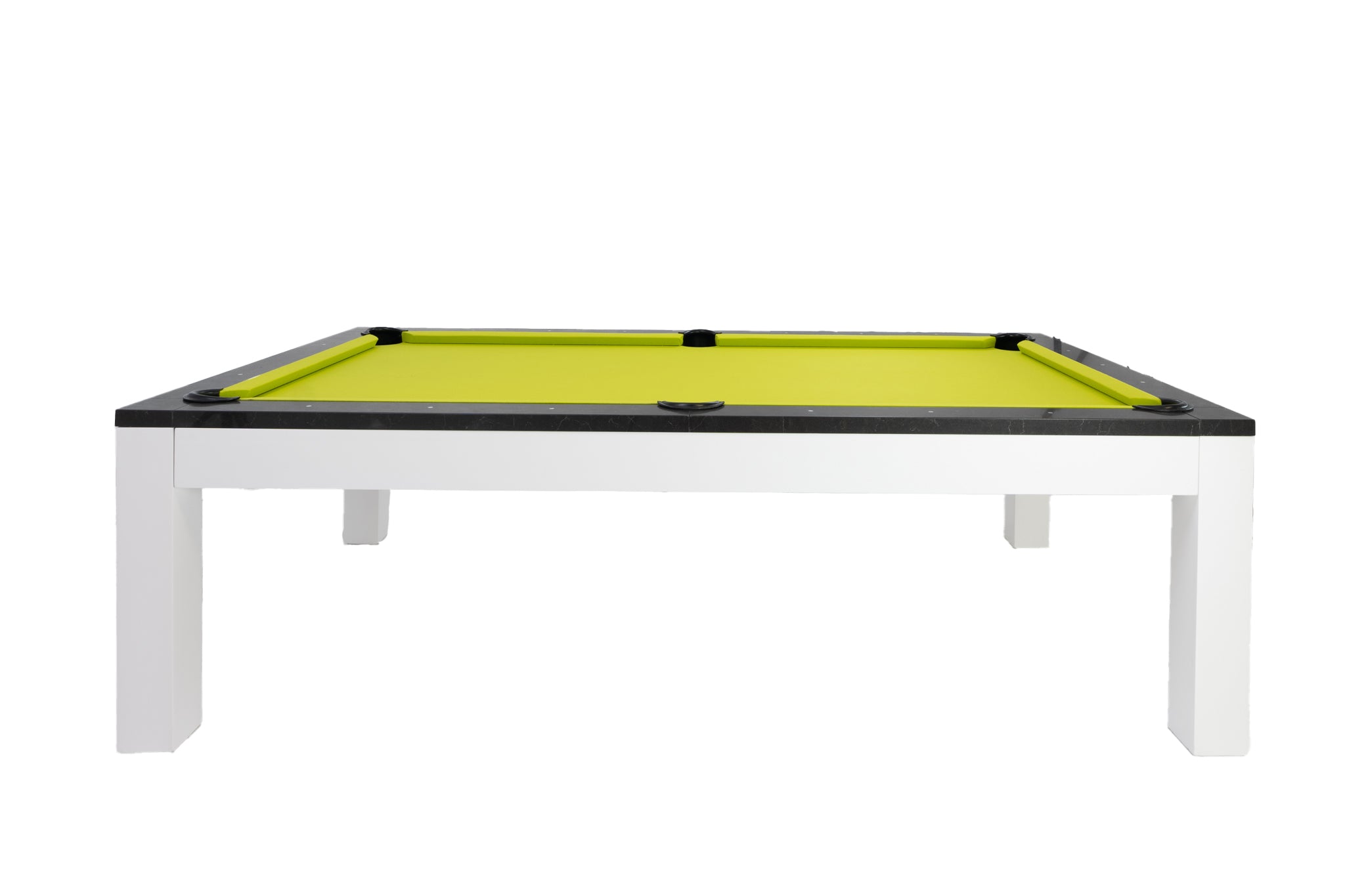 Legacy Billiards Baylor II Pool Table with Night Stone Rails and Frost White Finish Cabinet and Legs with Lime Green Cloth - Side View