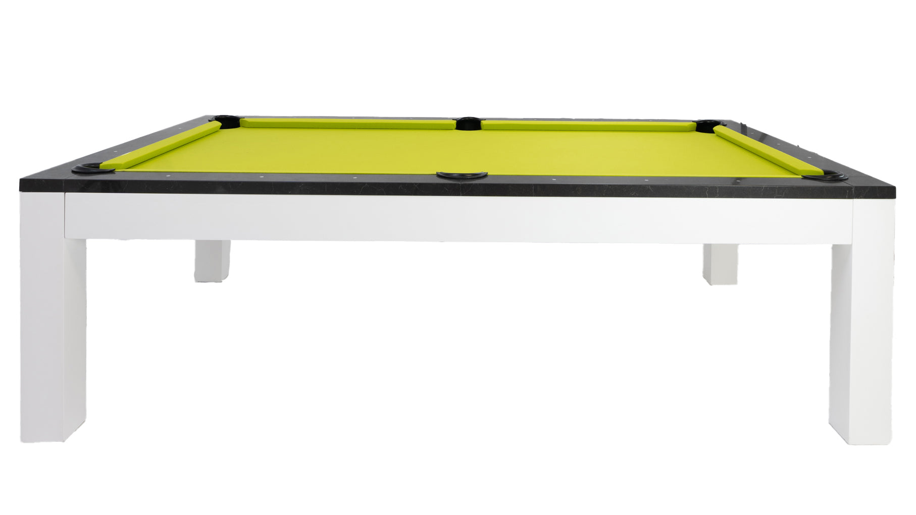 Legacy Billiards Baylor II Pool Table with Night Stone Rails and Frost White Finish Cabinet and Legs with Lime Green Cloth - Side View