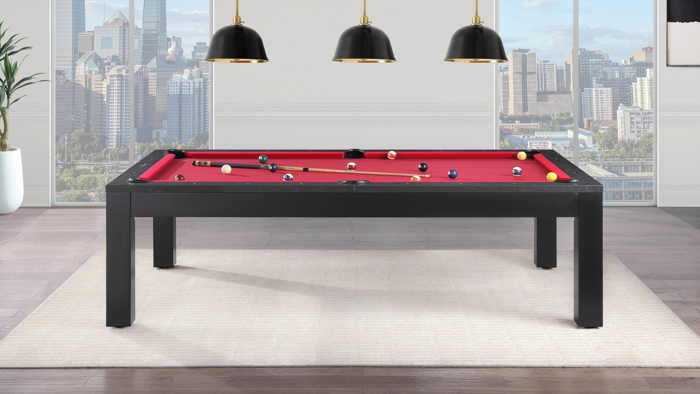 Legacy Billiards Baylor II Pool Table with Night Stone Rails and Raven Finish Cabinet with Red Cloth - Room Shot