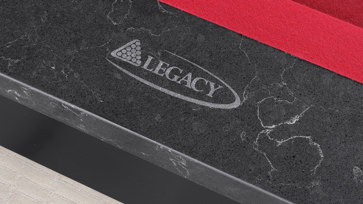 Legacy Billiards Baylor II Pool Table with Night Stone Rails with Red Cloth - Rail Closeup