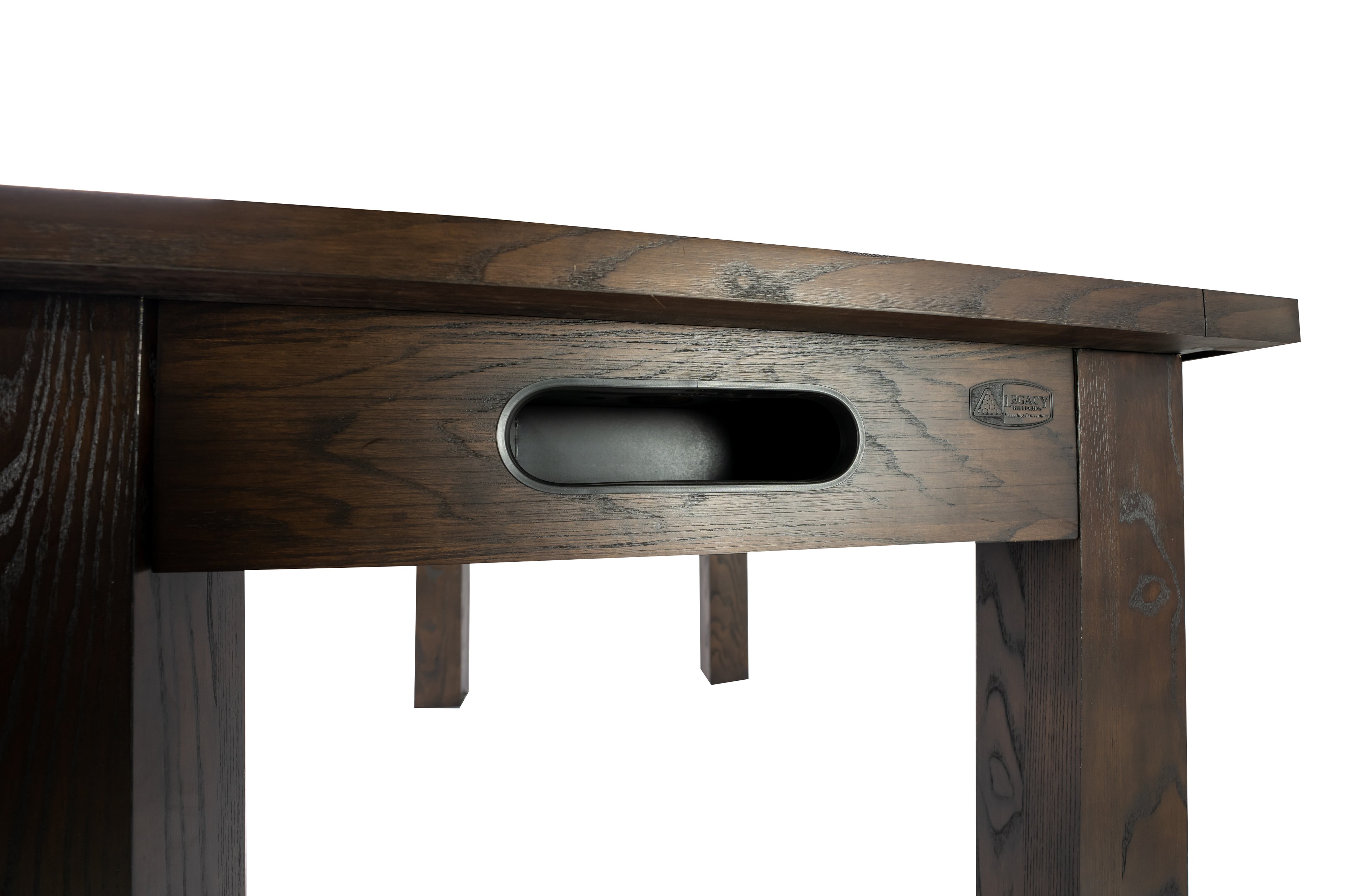 Legacy Billiards Baylor Bumper Pool Table in Whiskey Barrel Finish - Ball Box Closeup