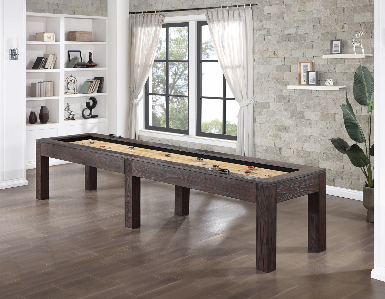 Legacy Billiards 12 Foot Baylor Shuffleboard in Whiskey Barrel Finish Room Scene