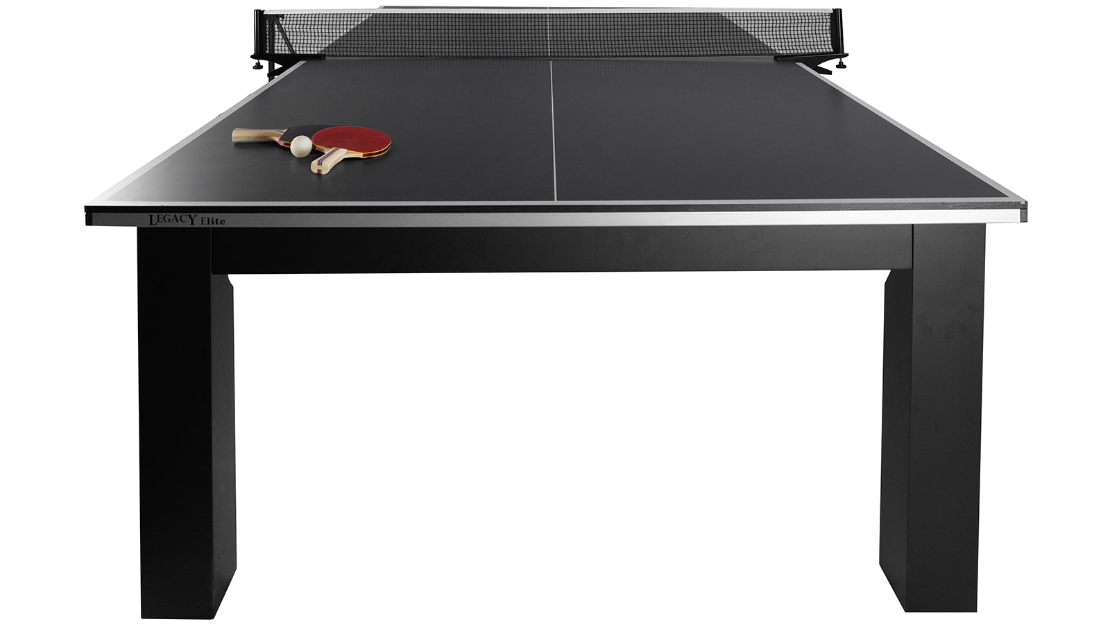 Legacy Billiards Baylor Table Tennis Table in Raven Finish - End View with Paddles