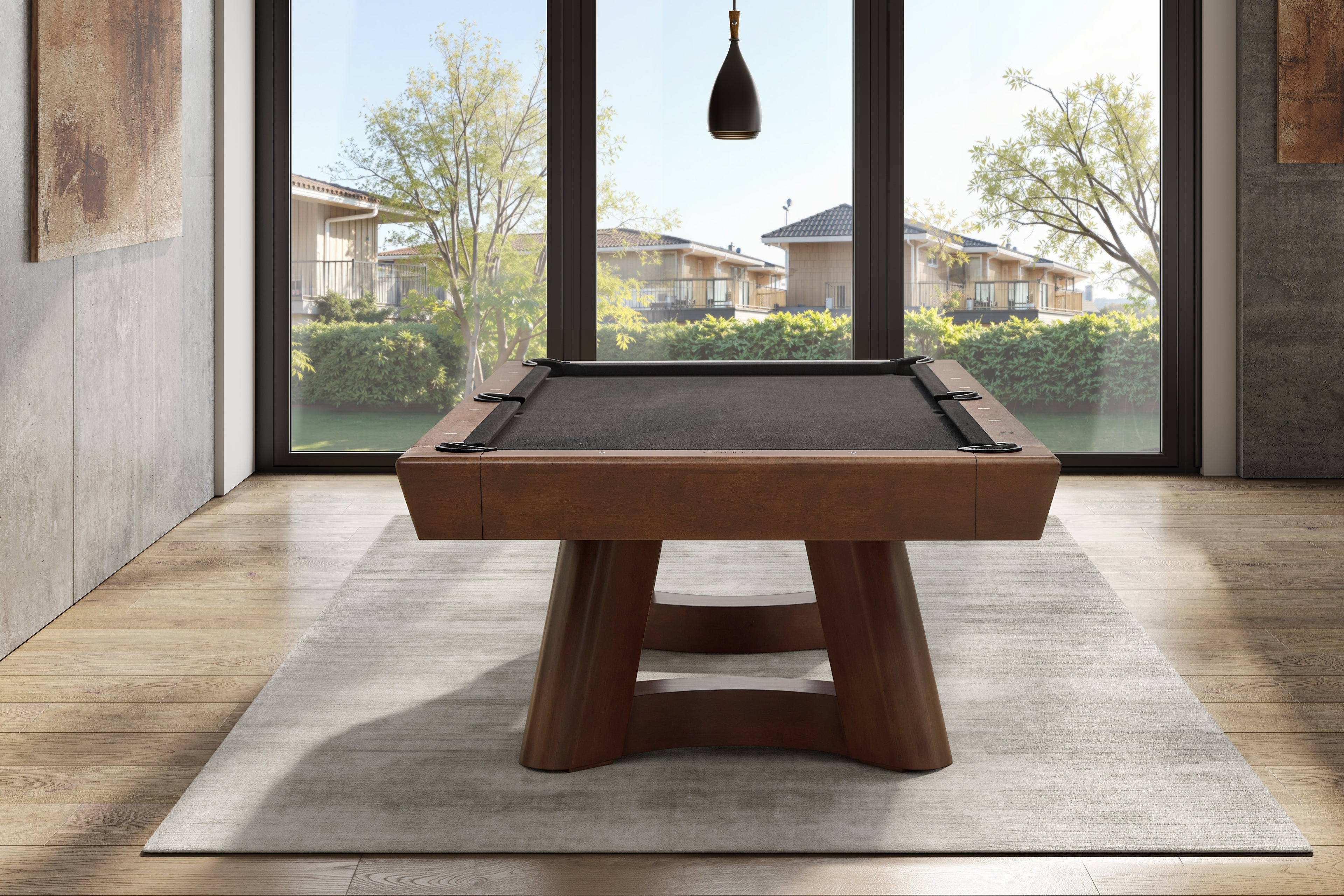 Legacy Billiards Caney Pool Table in Nutmeg Finish with Black Cloth - Room Shot - End View