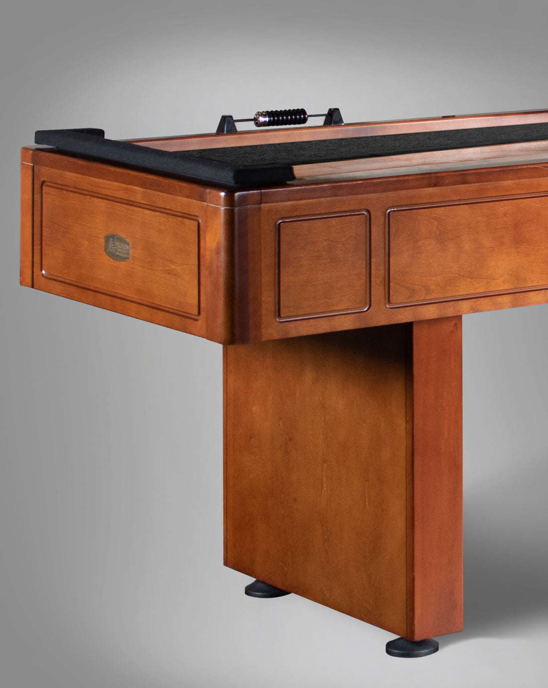 Legacy Billiards Classic 9 Ft Shuffleboard in Walnut Finish - End Closeup
