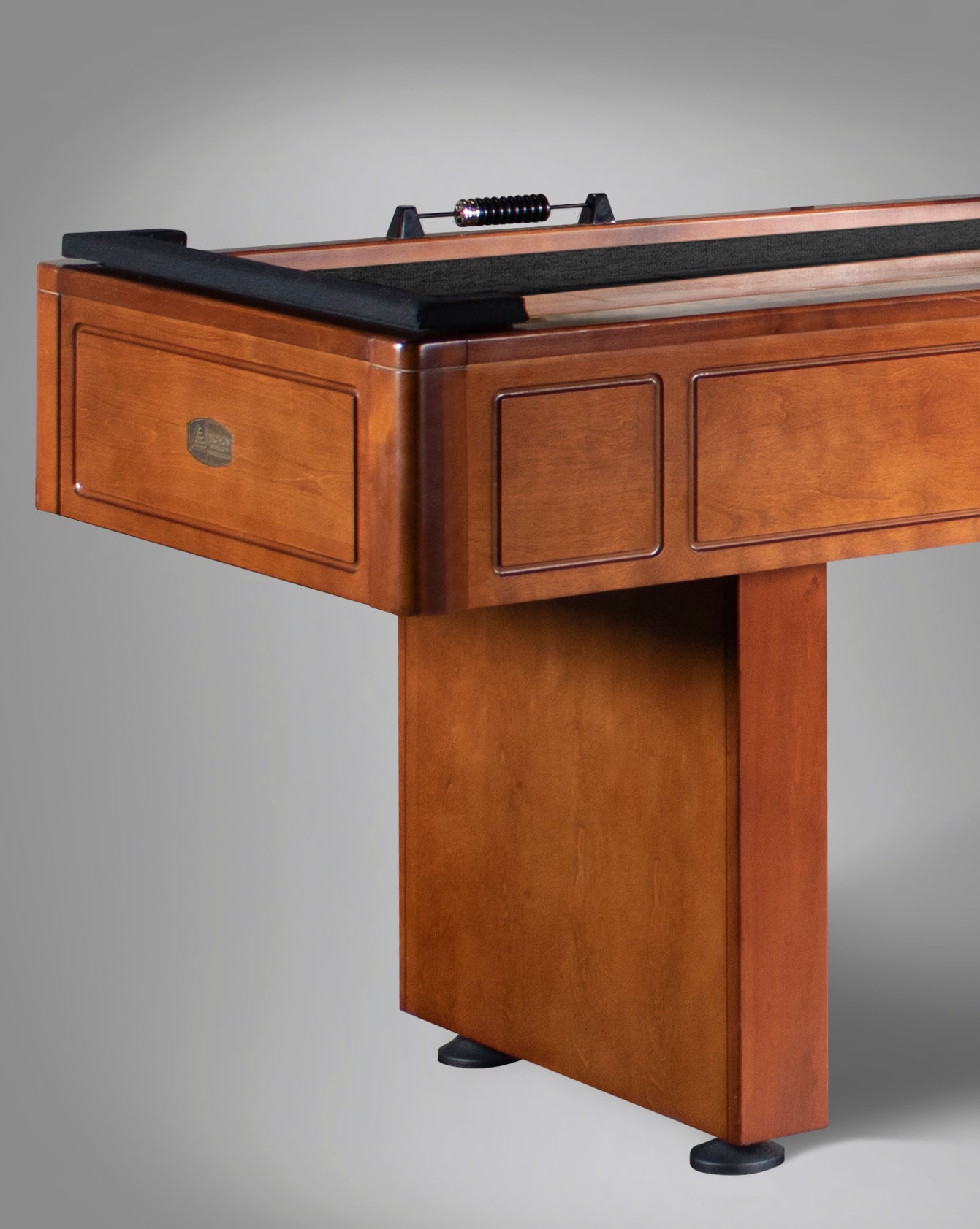 Legacy Billiards Classic 9 Ft Shuffleboard in Walnut Finish - End Closeup