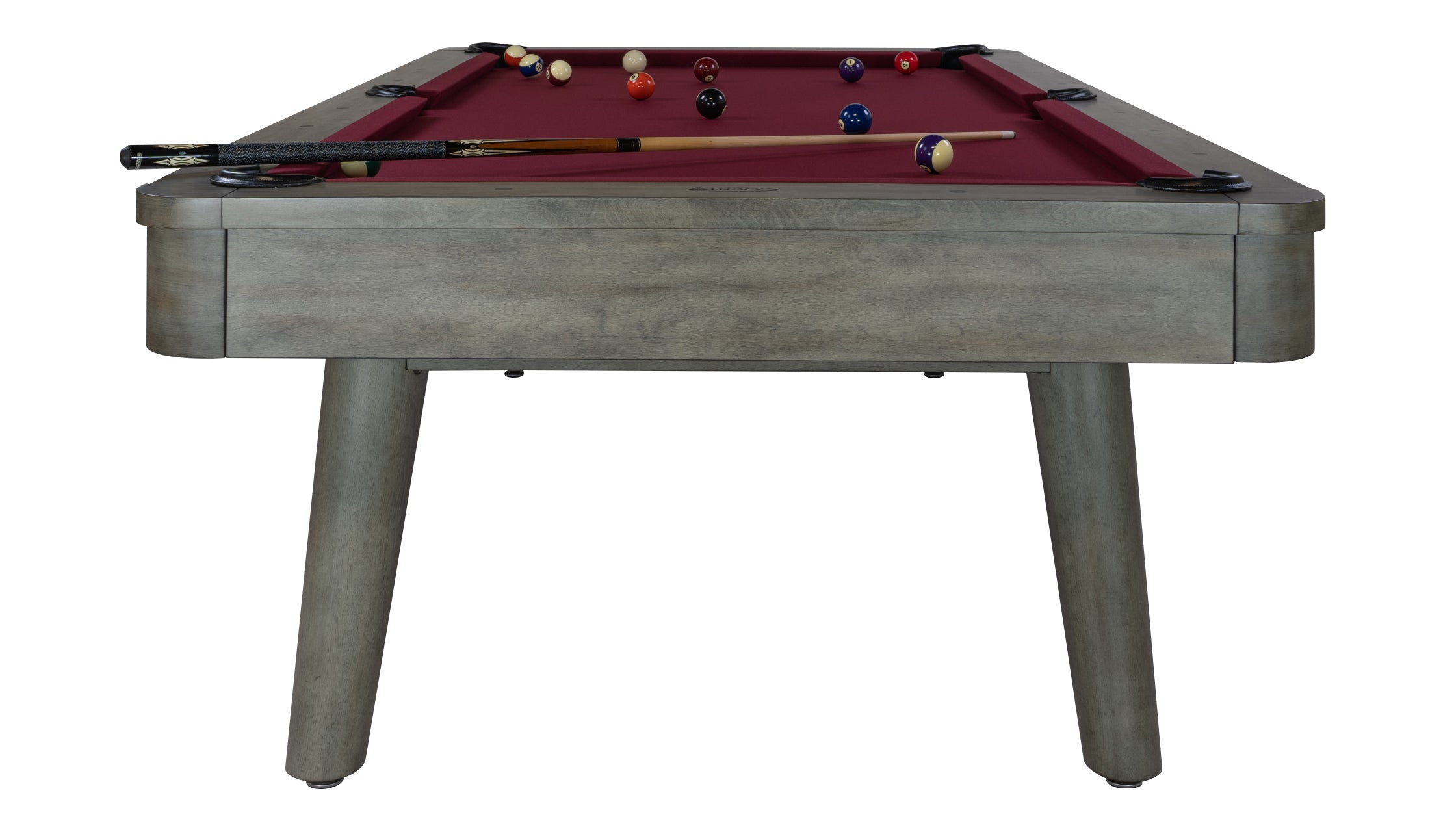 Legacy Billiards Collins Pool Table in Overcast Finish with Wine Cloth - End View