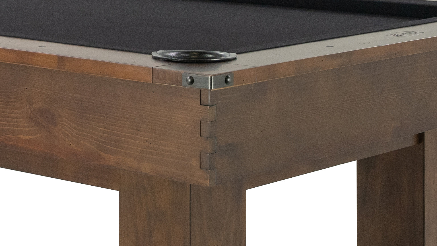 Legacy Billiards Colt II Pool Table in Gunshot Finish with Black Cloth - Corner Closeup