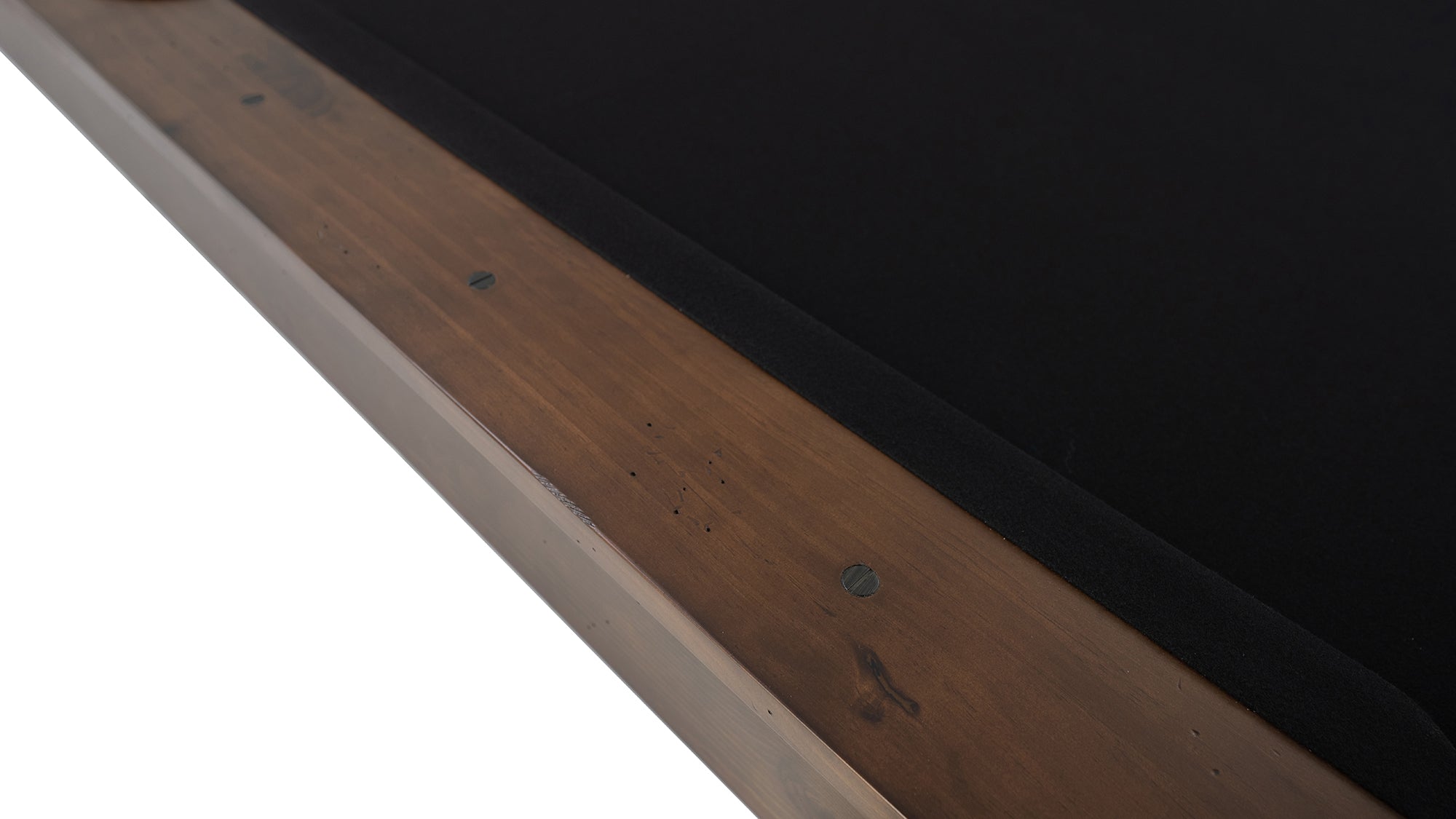 Legacy Billiards Colt II Pool Table in Gunshot Finish with Black Cloth - Rail Closeup