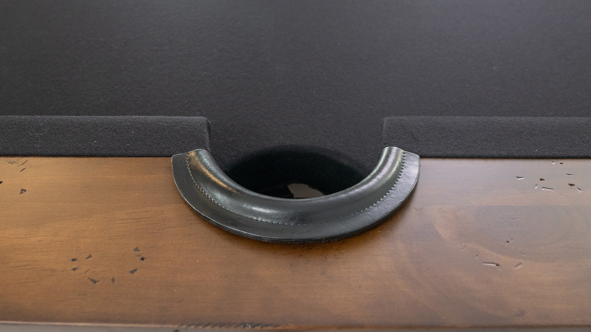 Legacy Billiards Colt II Pool Table in Gunshot Finish with Black Cloth - Side Pocket Closeup