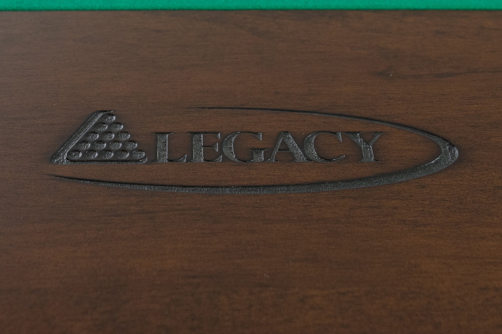 Legacy Billiards Colt II Pool Table in Nutmeg Finish with Green Cloth - Logo Closeup