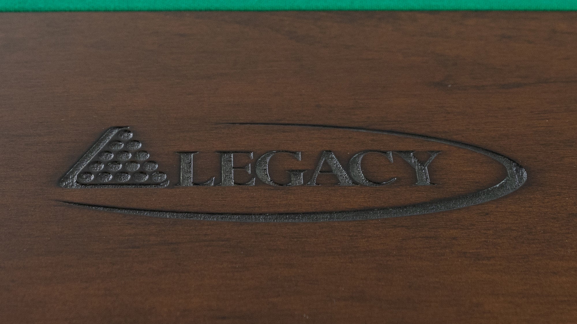 Legacy Billiards Colt II Pool Table in Nutmeg Finish with Green Cloth - Logo Closeup
