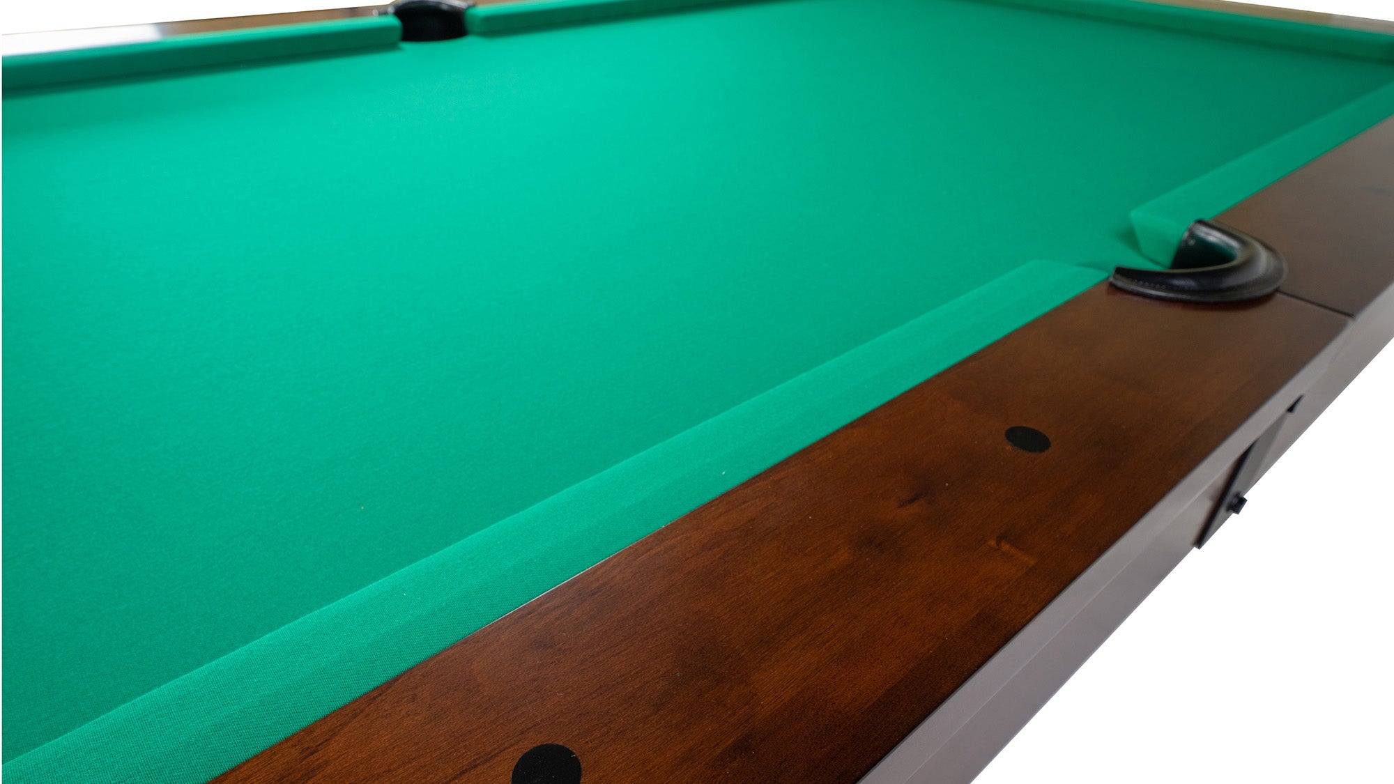 Legacy Billiards Colt II Pool Table in Nutmeg Finish with Green Cloth - Rail Closeup