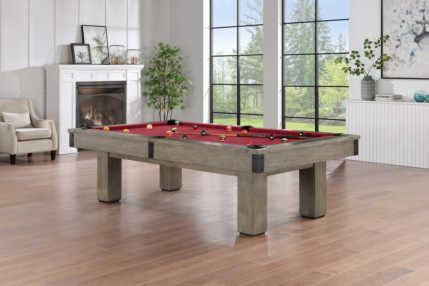 Legacy Billiards Colt II Pool Table in Overcast Finish with Legacy Red Cloth Modern Room Scene - Angle View