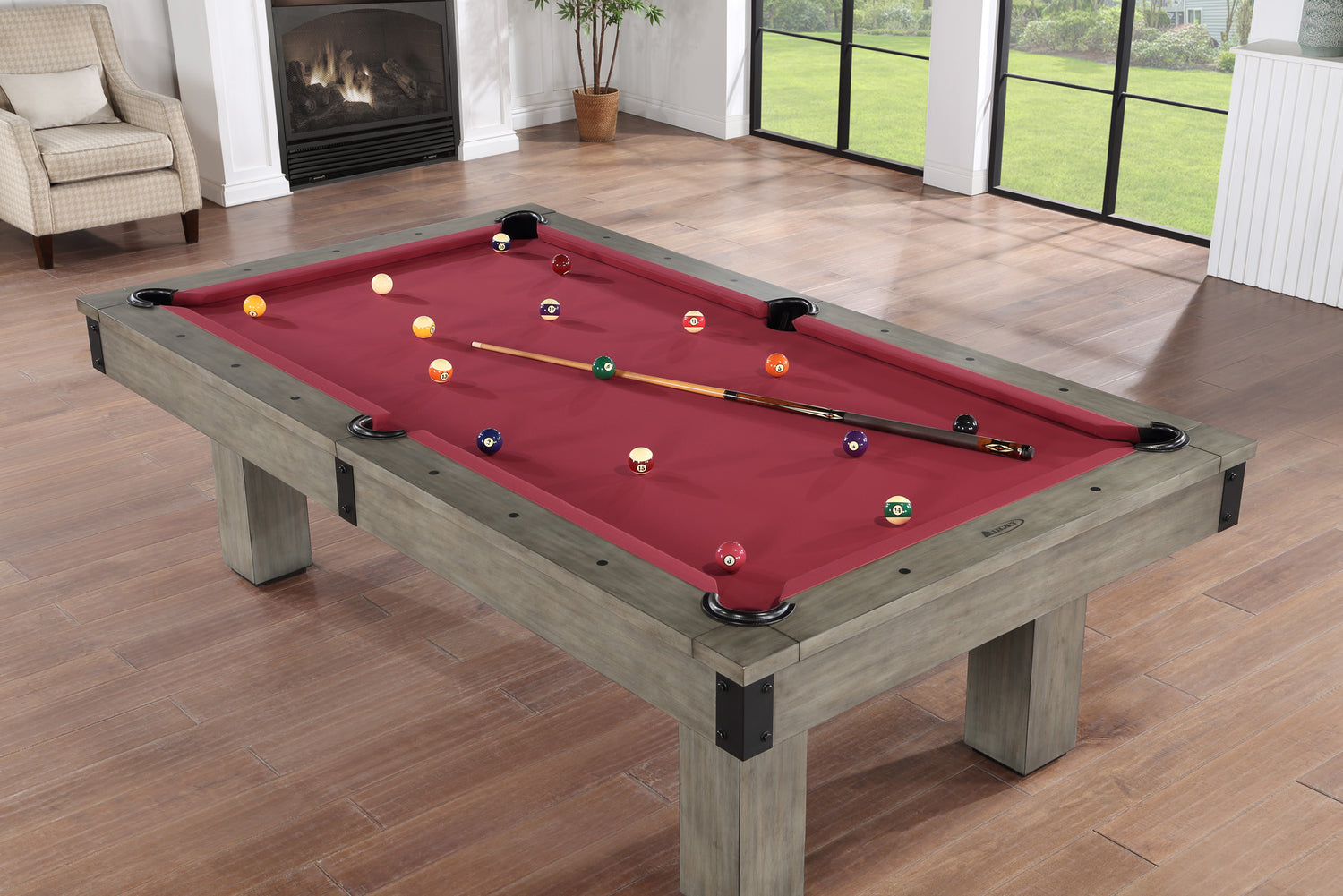 Legacy Billiards Colt II Pool Table in Overcast Finish with Legacy Red Cloth Modern Room Scene - Angle View From Above