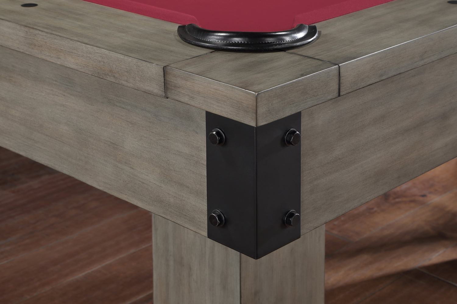 Legacy Billiards Colt II Pool Table in Overcast Finish with Legacy Red Cloth Modern Room Scene - Corner Closeup