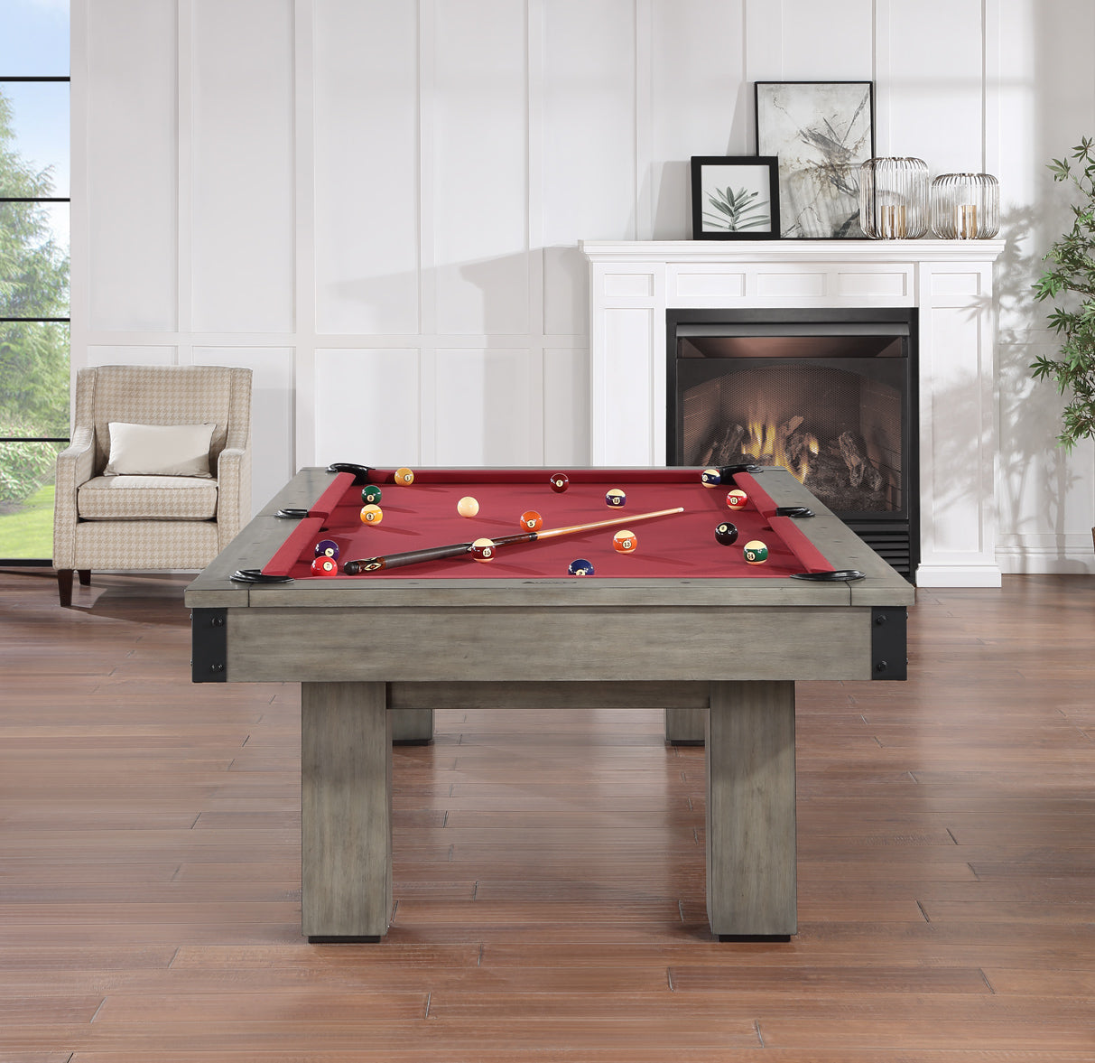 Legacy Billiards Colt II Pool Table in Overcast Finish with Legacy Red Cloth Modern Room Scene - End View