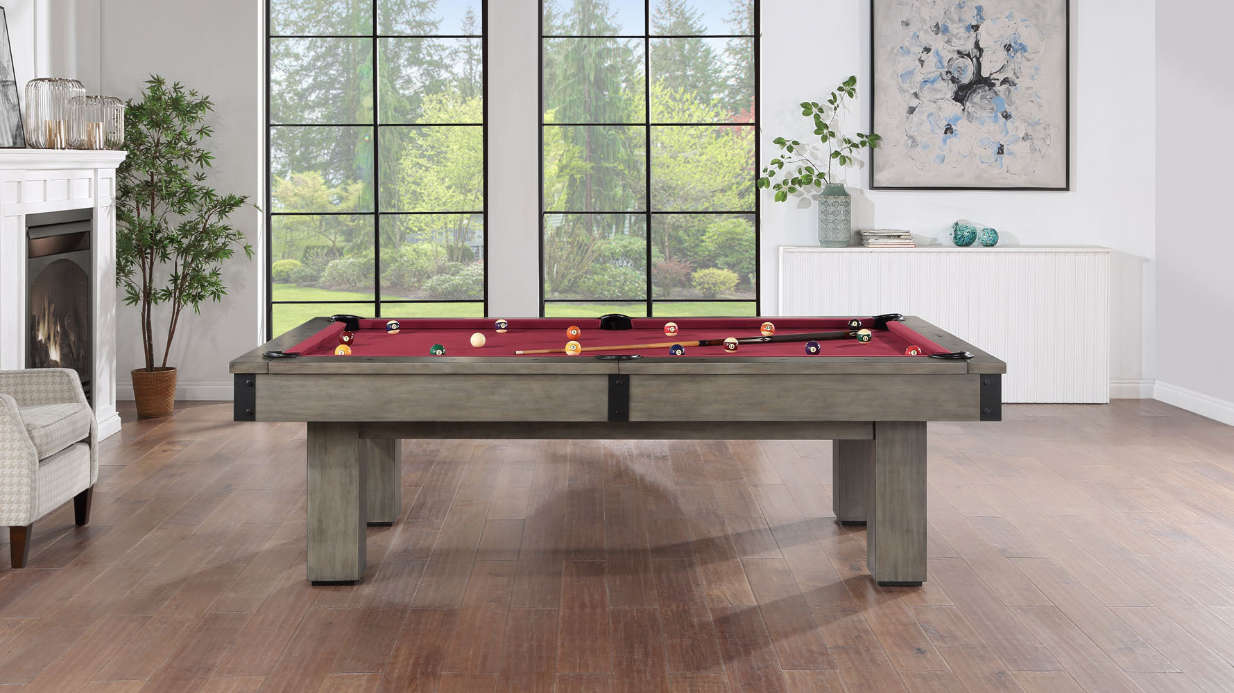 Legacy Billiards Colt II Pool Table in Overcast Finish with Legacy Red Cloth Modern Room Scene - Side View