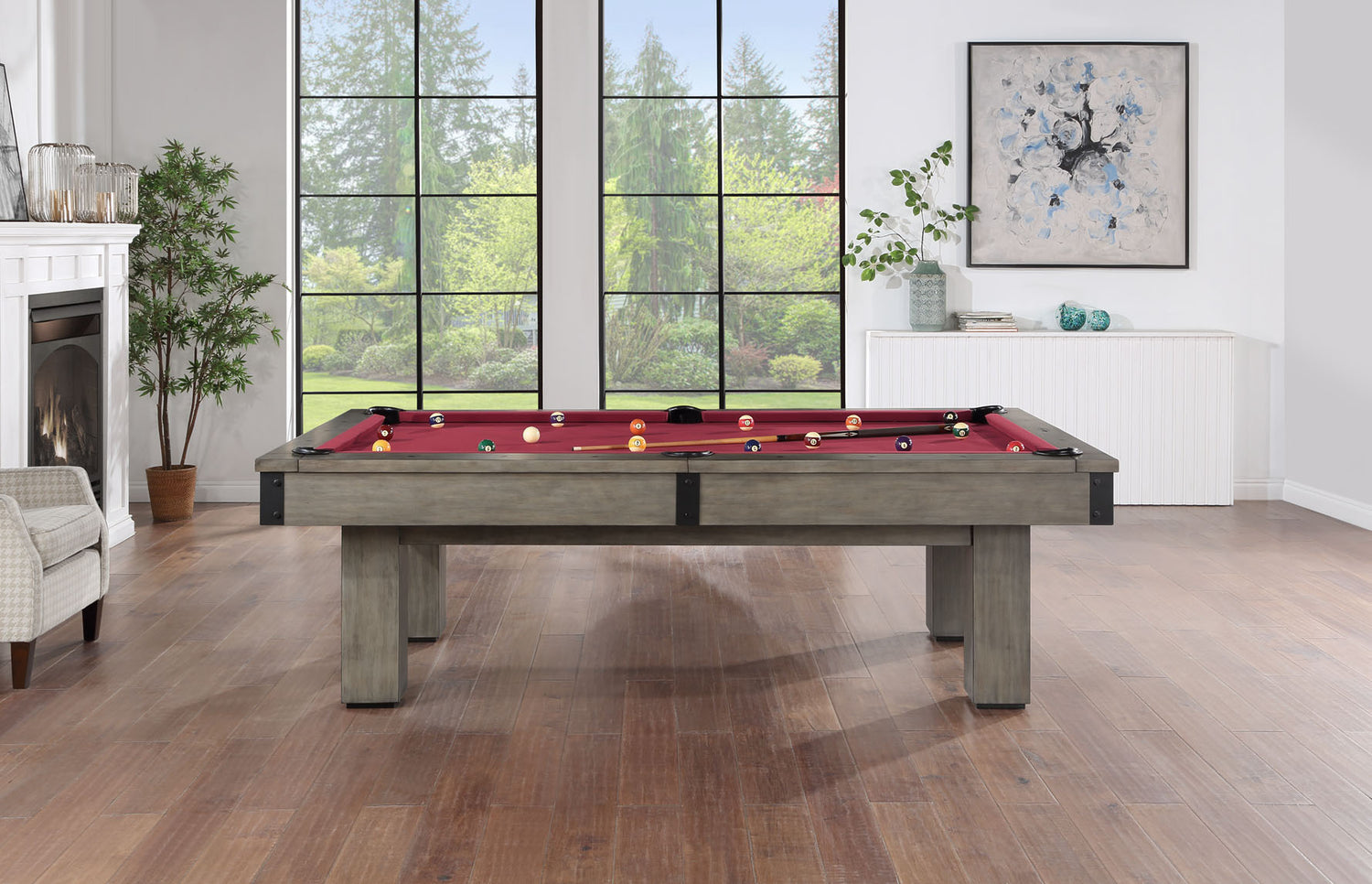 Legacy Billiards Colt II Pool Table in Overcast Finish with Legacy Red Cloth Modern Room Scene - Side View