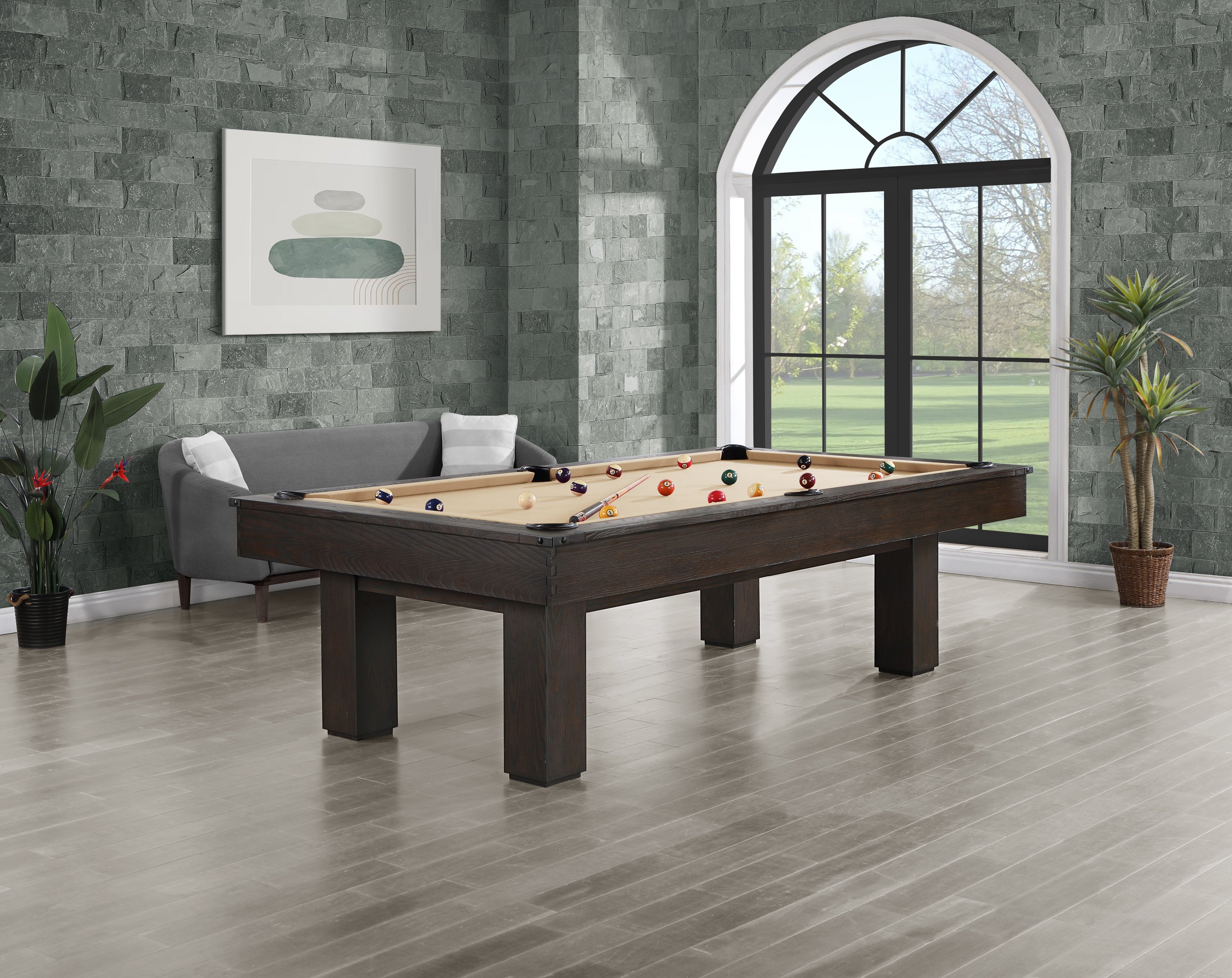 Legacy Billiards Colt II Pool Table in Whiskey Barrel Finish with Desert Cloth Rustic Room Scene - Angle View