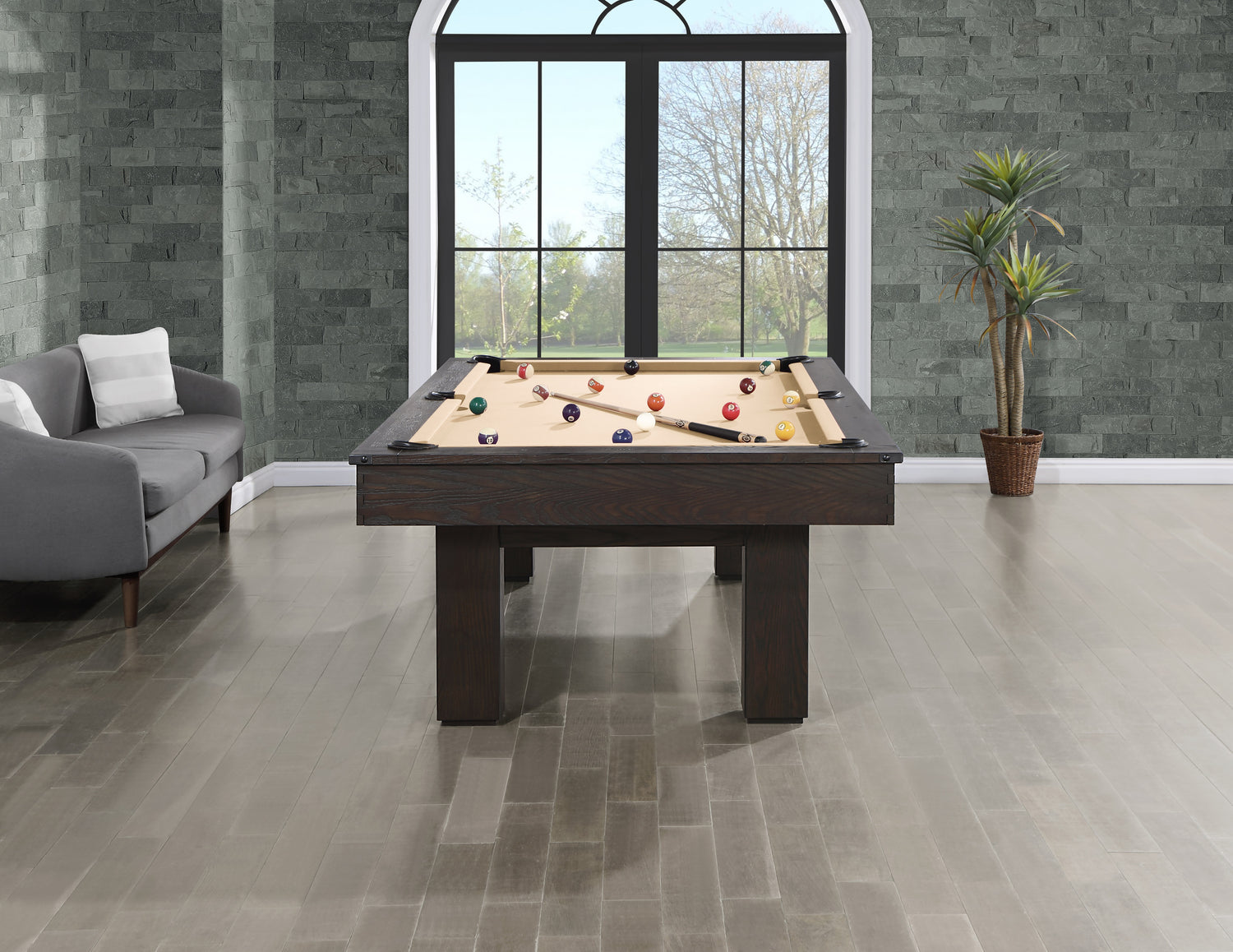 Legacy Billiards Colt II Pool Table in Whiskey Barrel Finish with Desert Cloth Rustic Room Scene - End View