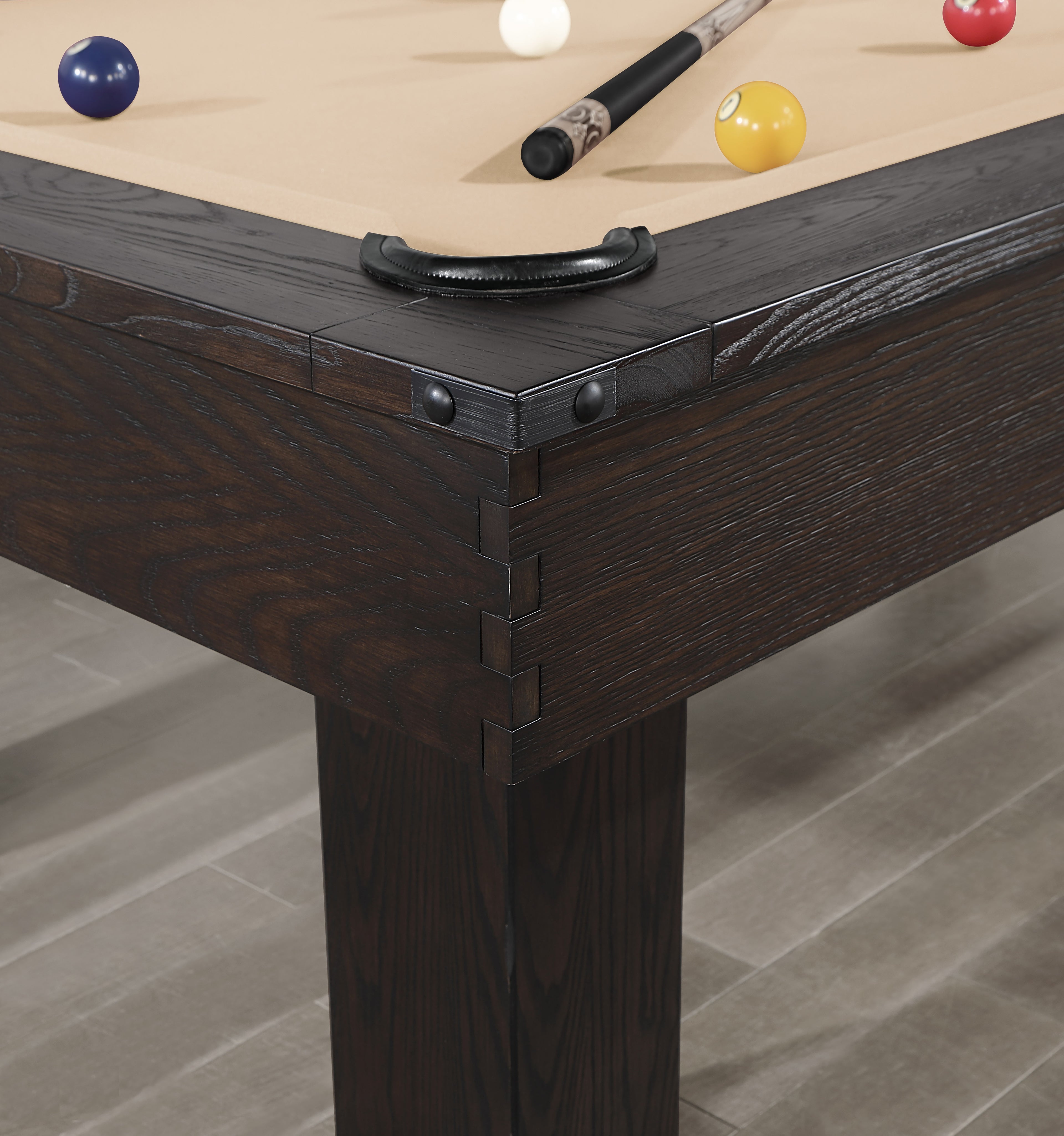 Legacy Billiards Colt II Pool Table in Whiskey Barrel Finish with Desert Cloth Rustic Room Scene - Corner Closeup