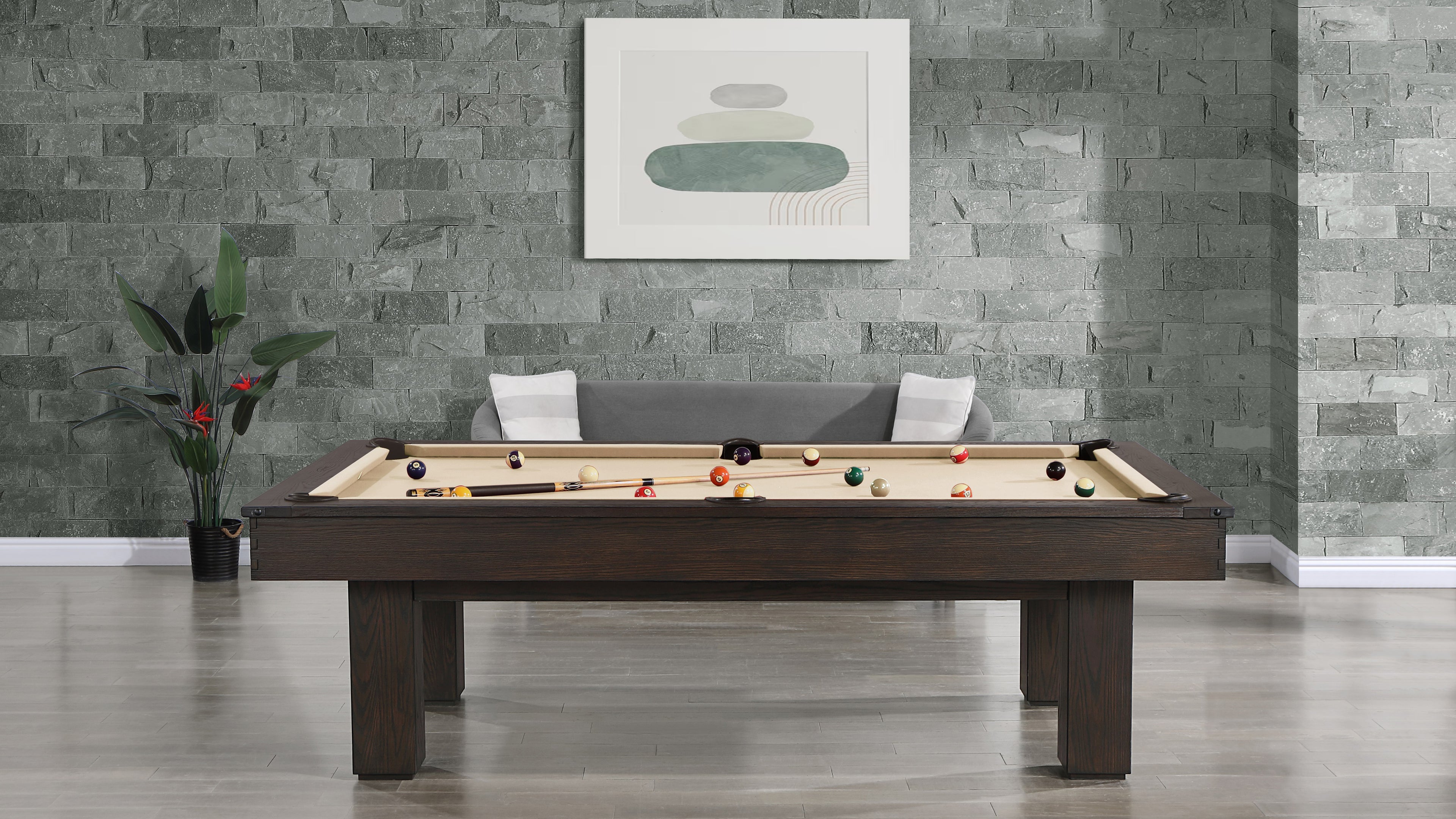 Legacy Billiards Colt II Pool Table in Whiskey Barrel Finish with Desert Cloth Rustic Room Scene - Side View