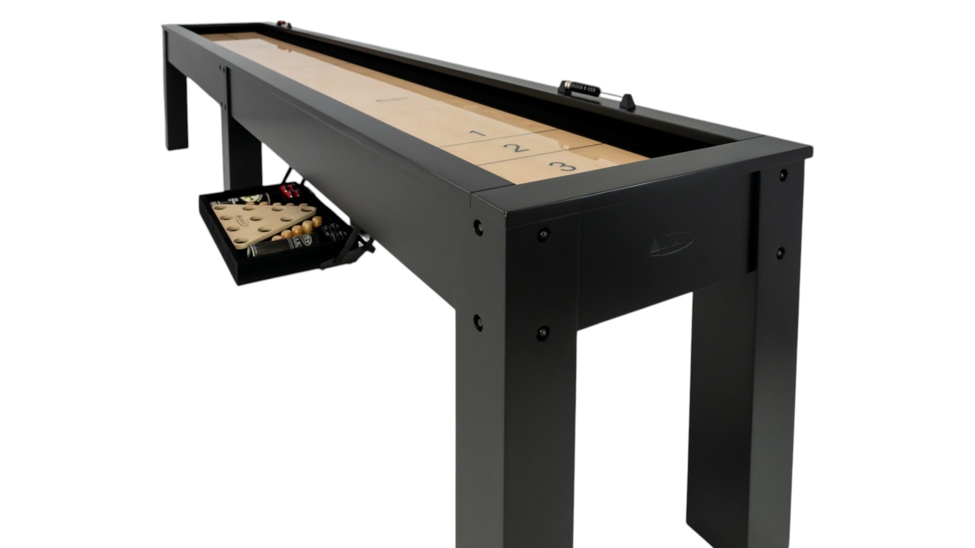 Legacy Billiards Colt 12 Foot Shuffleboard in Raven Finish - Angle View with Open Perfect Drawer