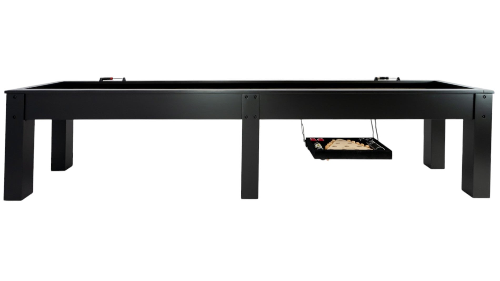 Legacy Billiards Colt 12 Foot Shuffleboard in Raven Finish - Side View with Open Perfect Drawer