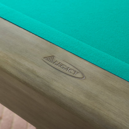 Legacy Billiards Conasauga 8 Ft Pool Table in Overcast Finish with Traditional Green Cloth - Logo Rail Closeup